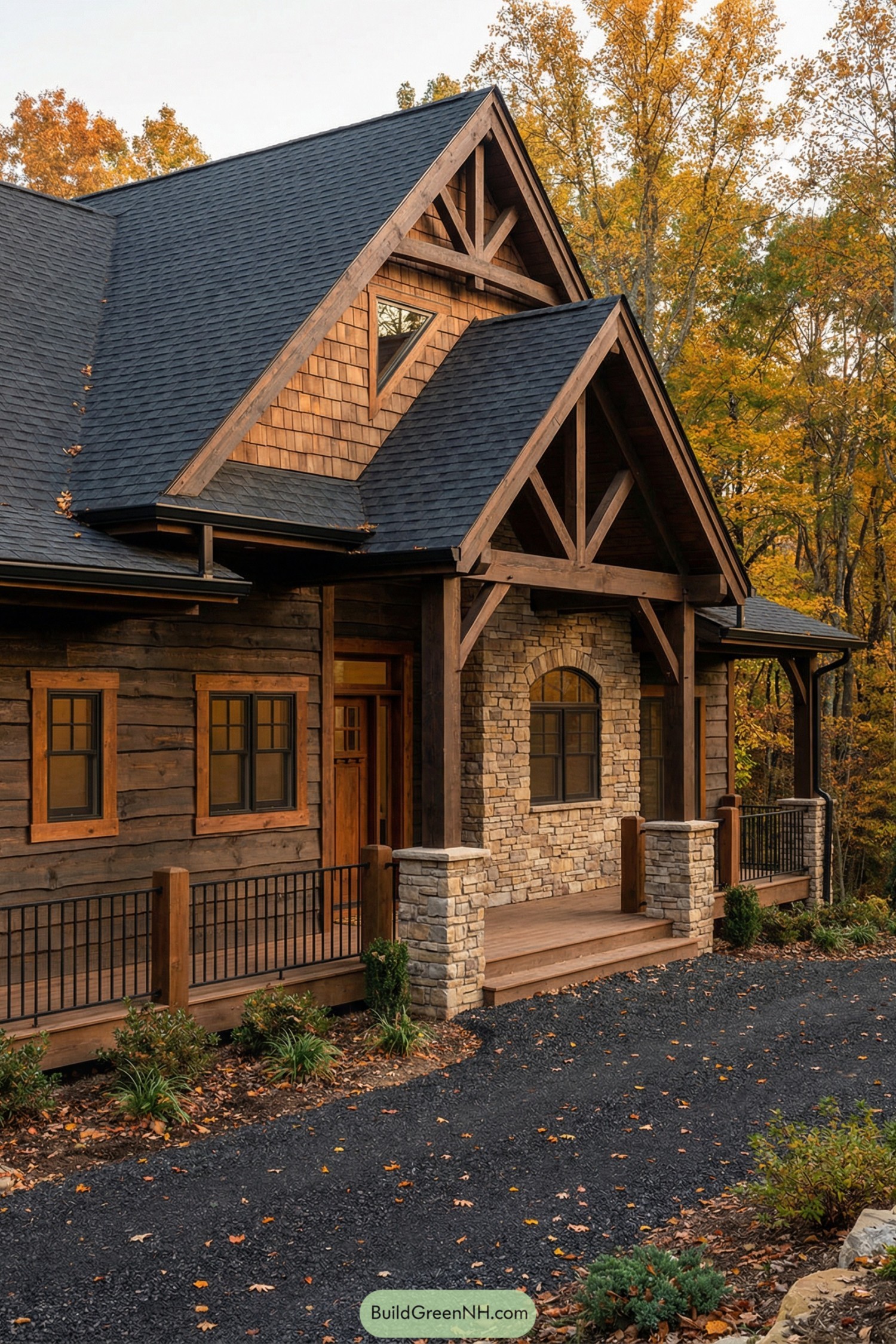 Rustic timber and stone house with gabled truss porch surrounded by autumn trees