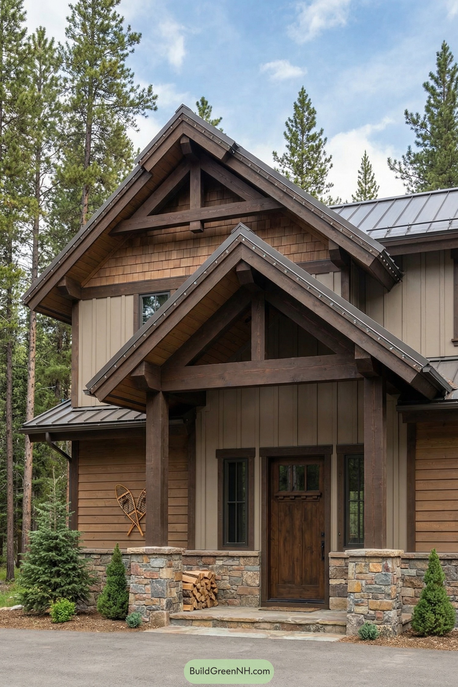 Timber truss entry of a rustic cabin