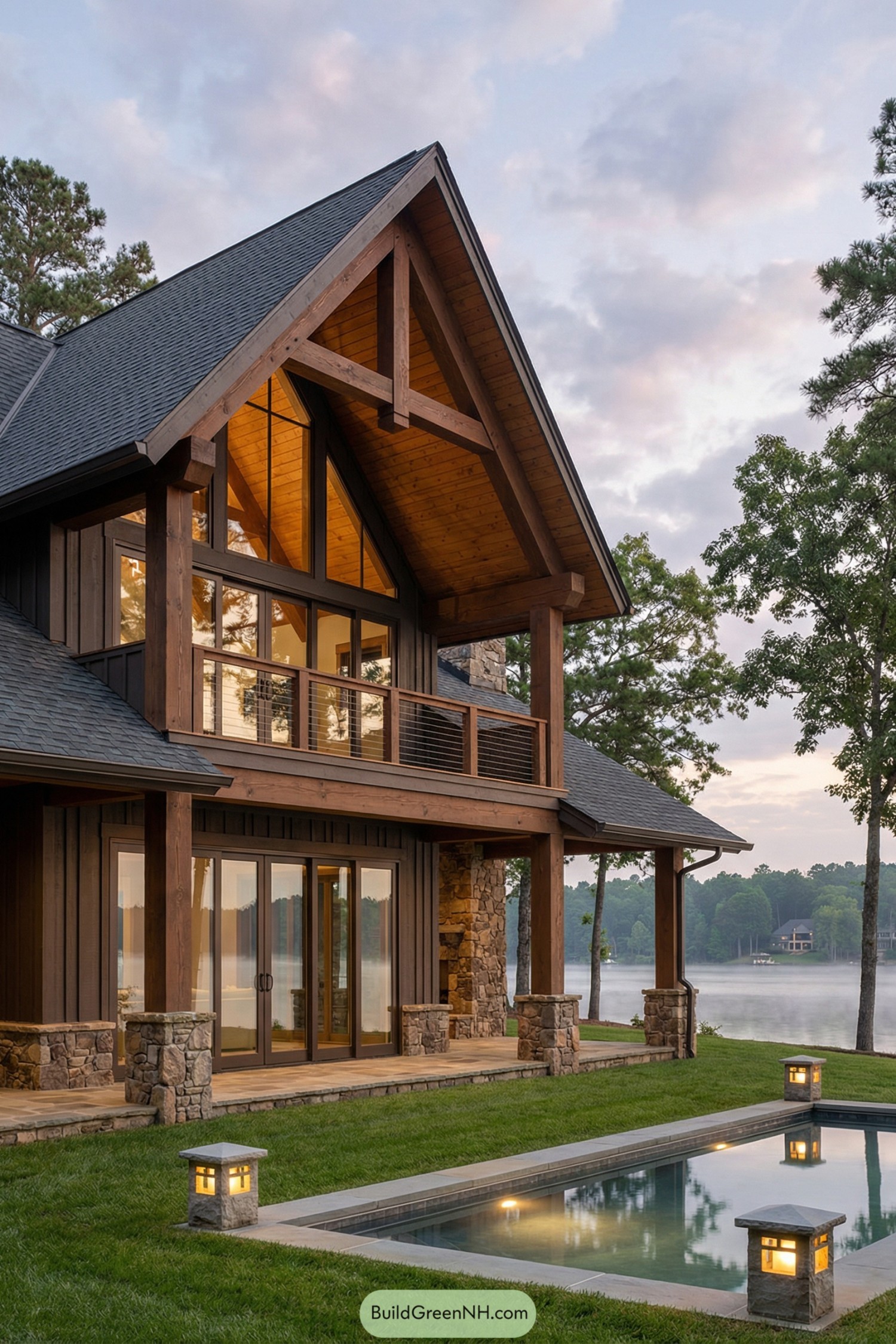 Timber truss lake house with stone accents and pool