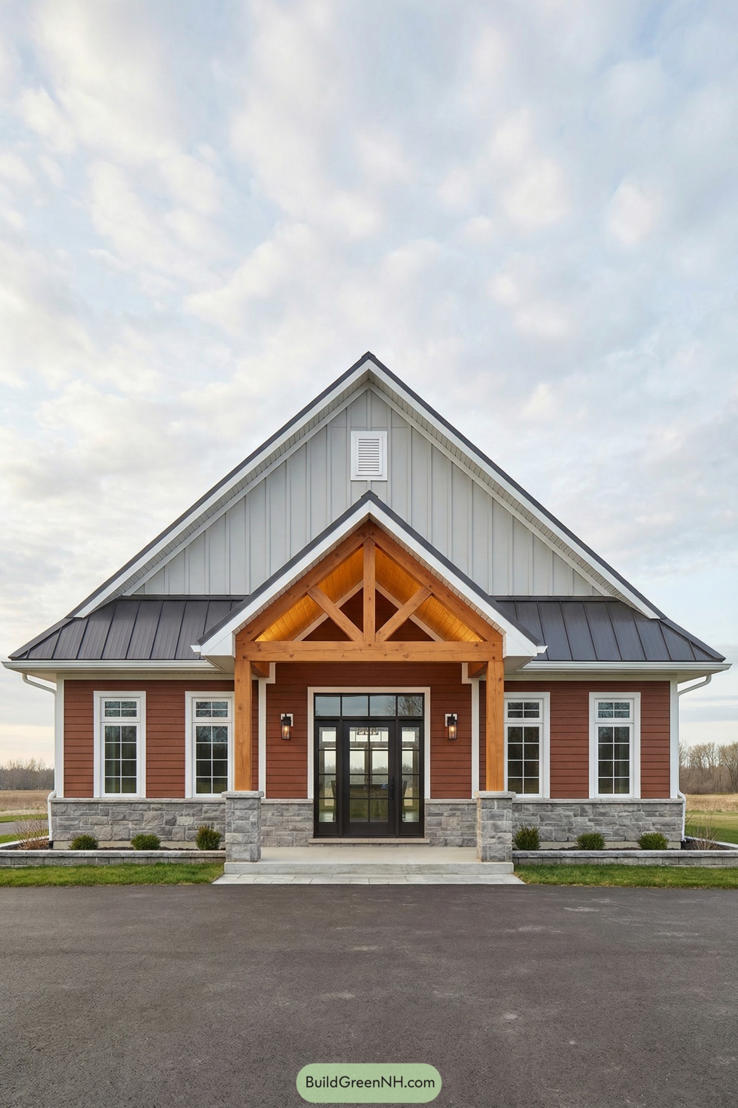 Single-story house with timber truss porch and mixed siding