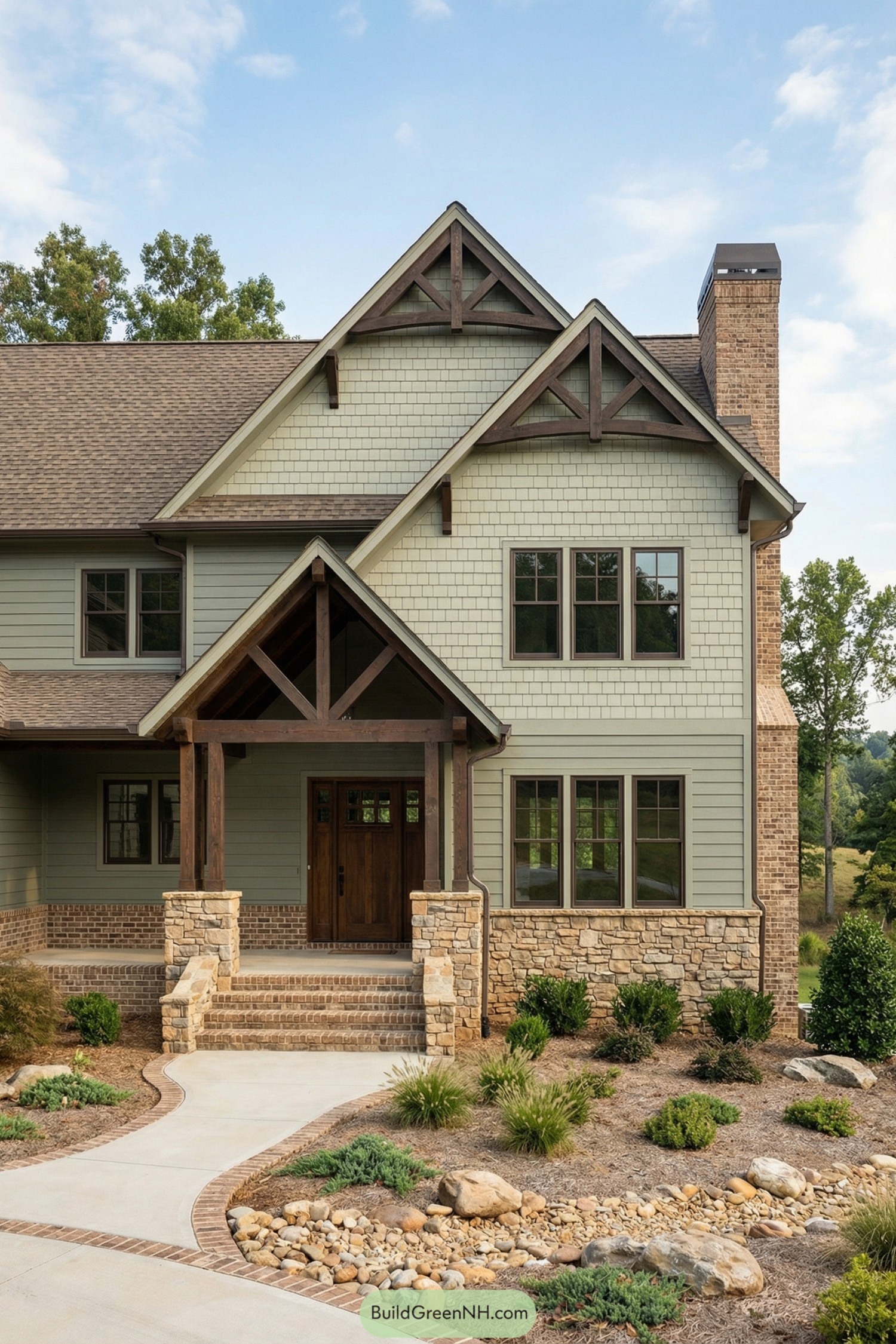 Two-story Craftsman-style home with exposed timber trusses, shingle and lap siding, stone accents, and landscaped front walk