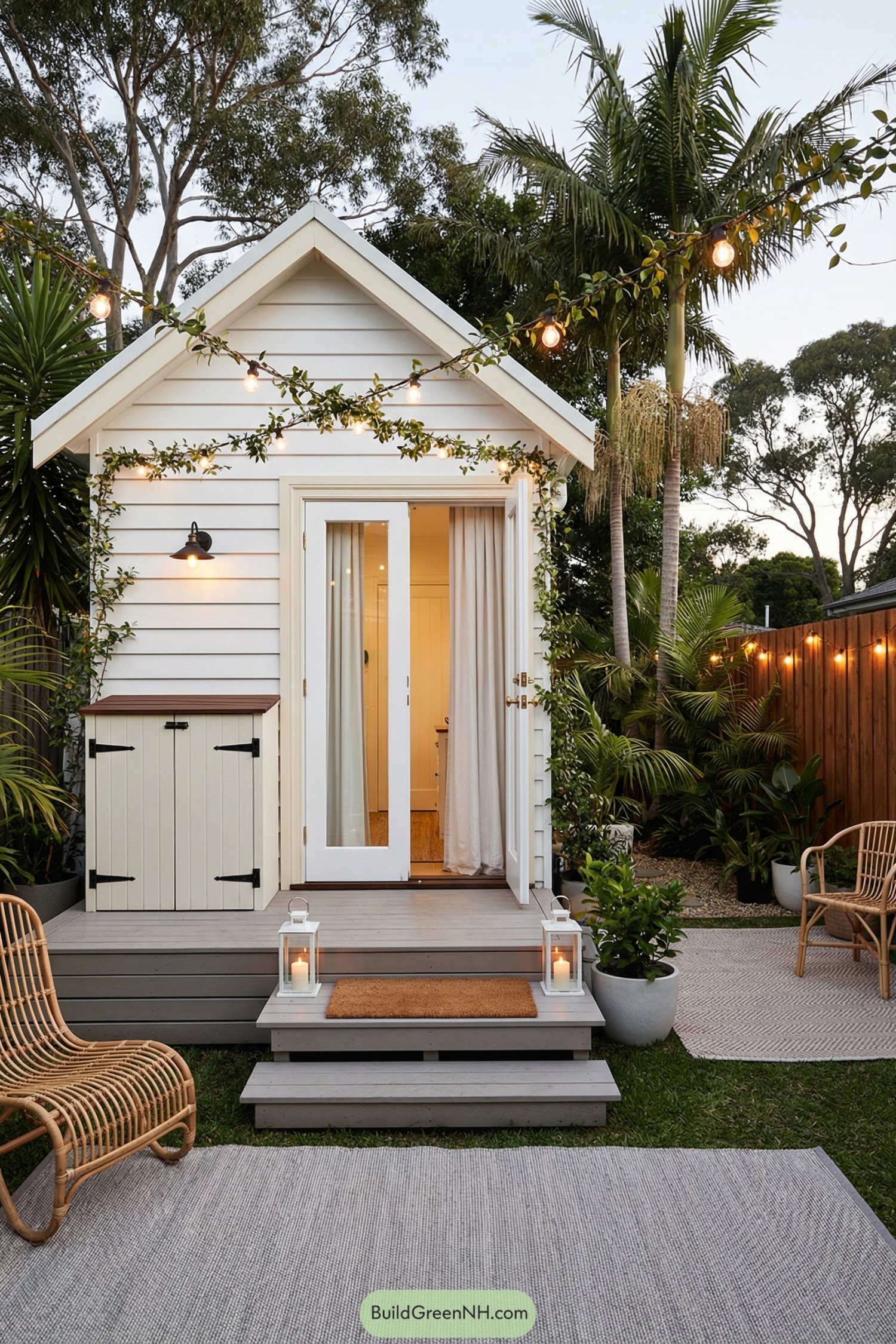 Tiny white tiny house with deck, string lights, and lush plants in a cozy courtyard