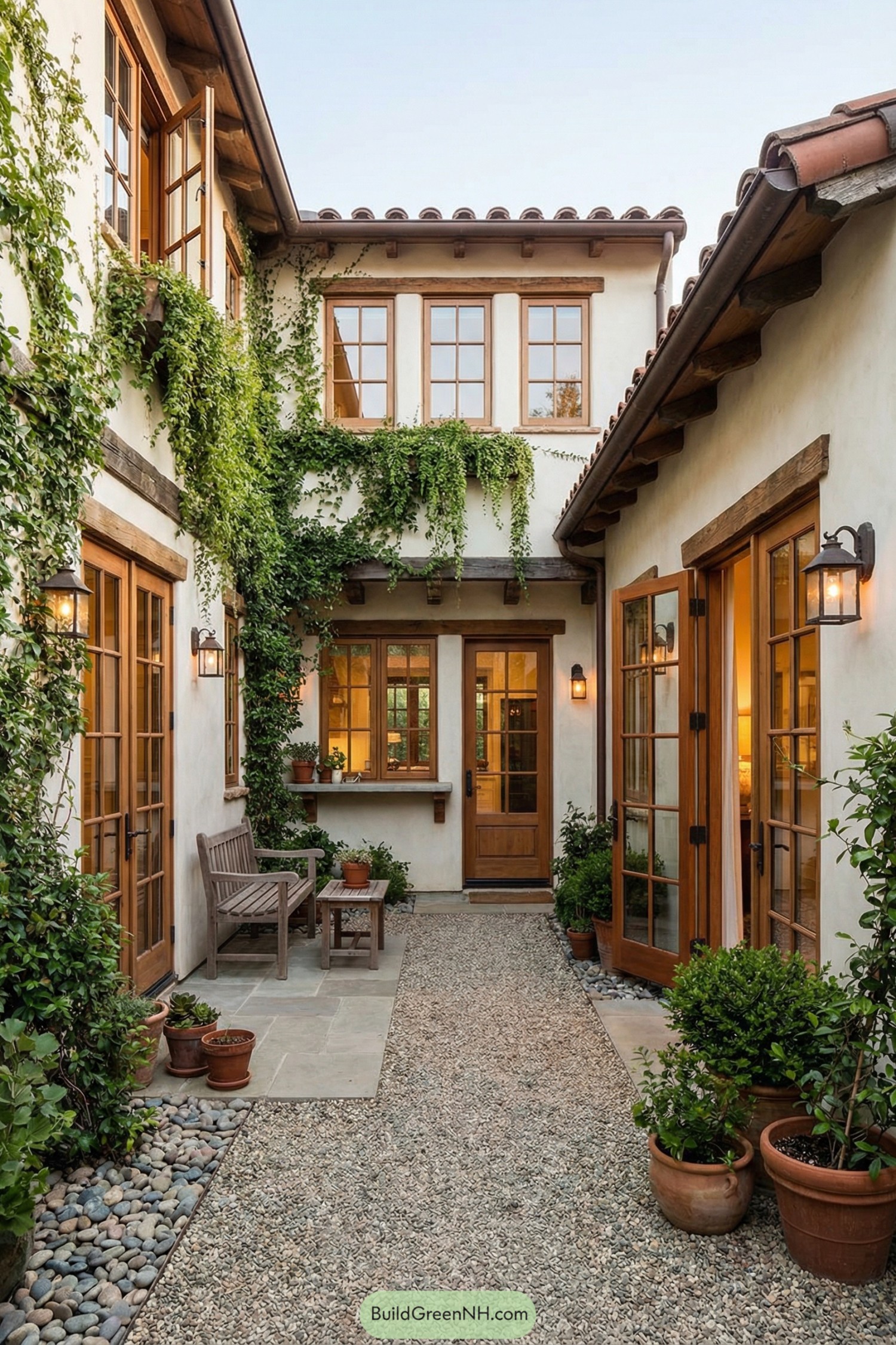 Narrow stucco courtyard with vines, gravel path, wood doors, and potted plants