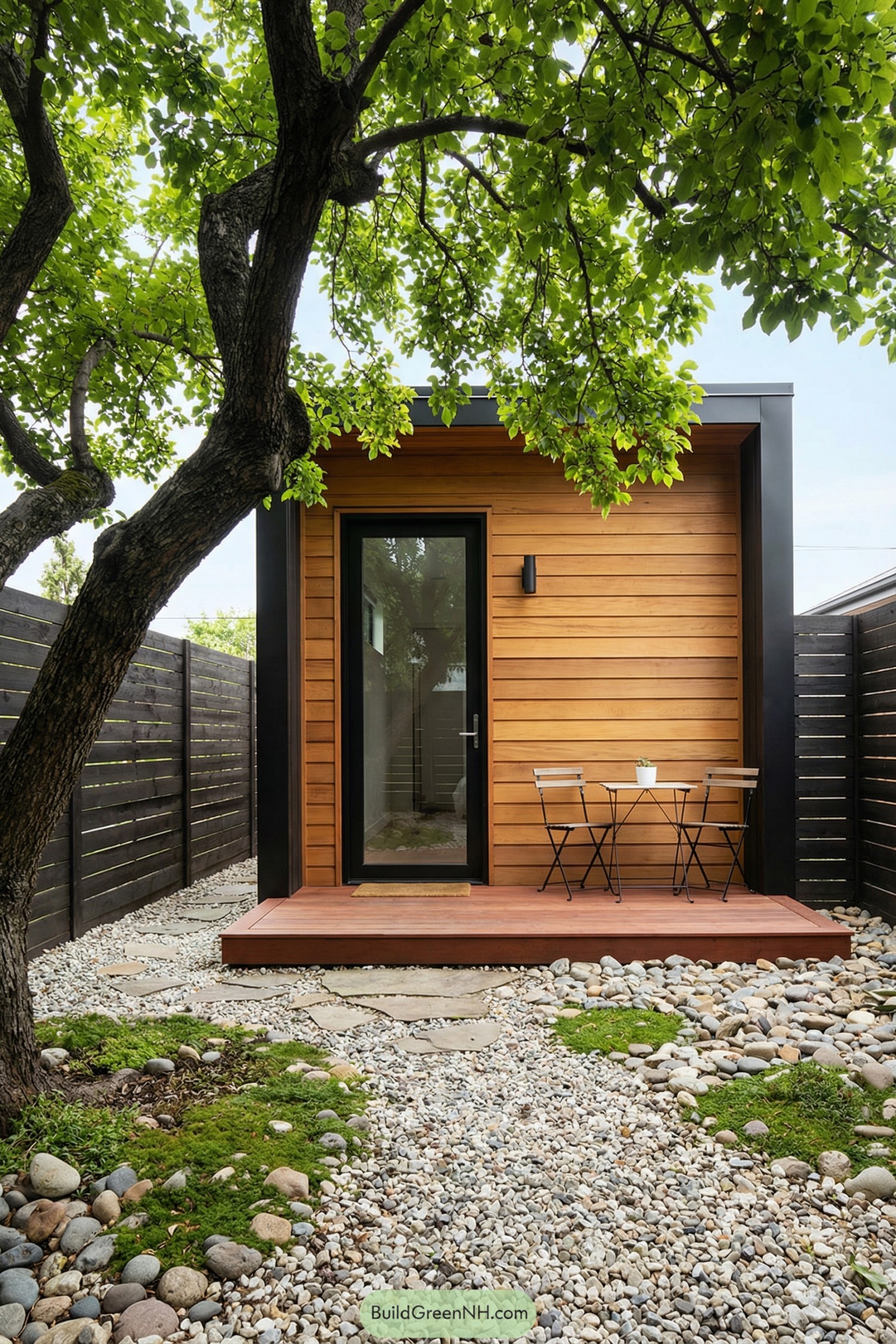Tiny cedar studio with bistro deck and gravel garden under leafy tree
