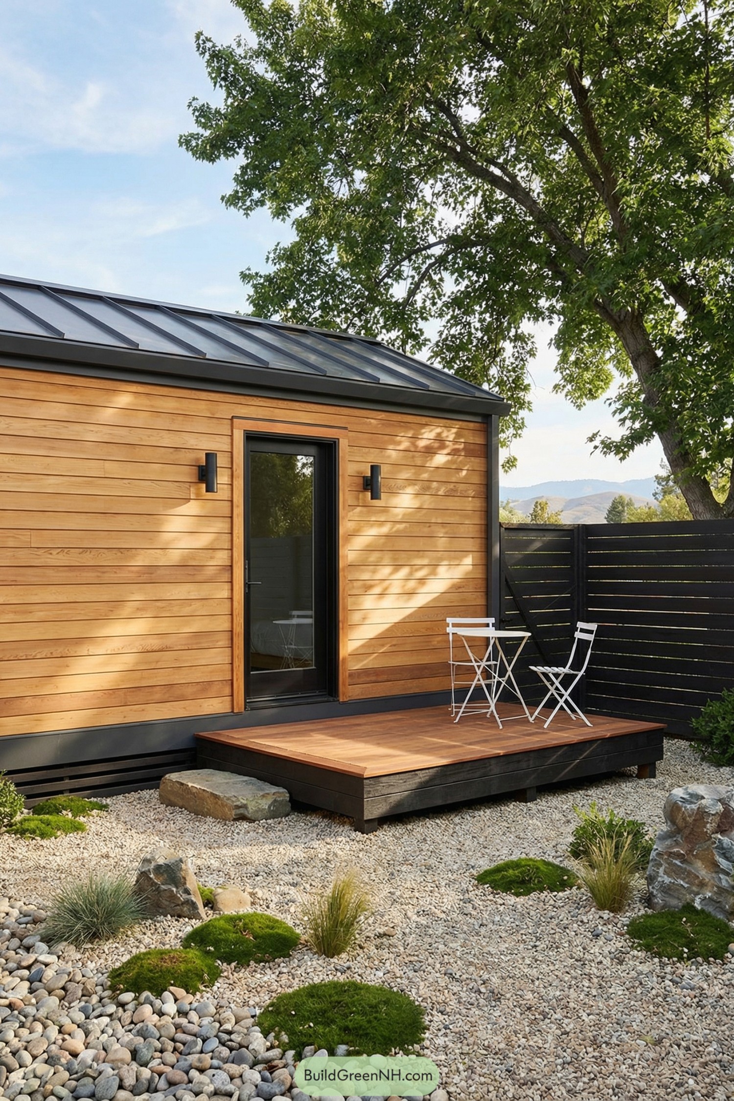 Tiny house deck with gravel garden and bistro set