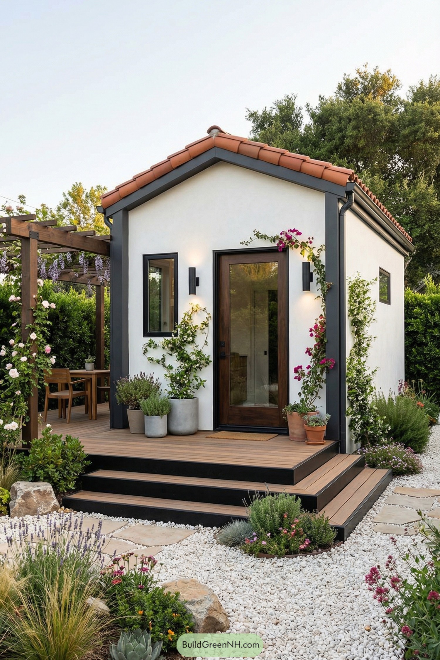 Tiny stucco tiny house framed by deck and gravel garden
