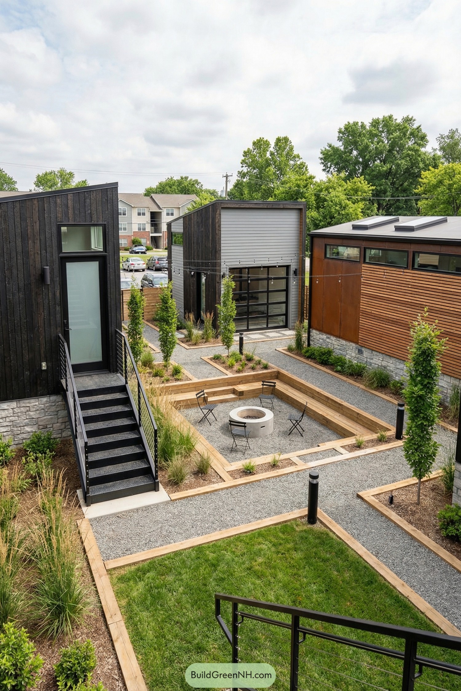 Tiny house courtyard with sunken gravel fire pit, wood edging, and modern surrounding units