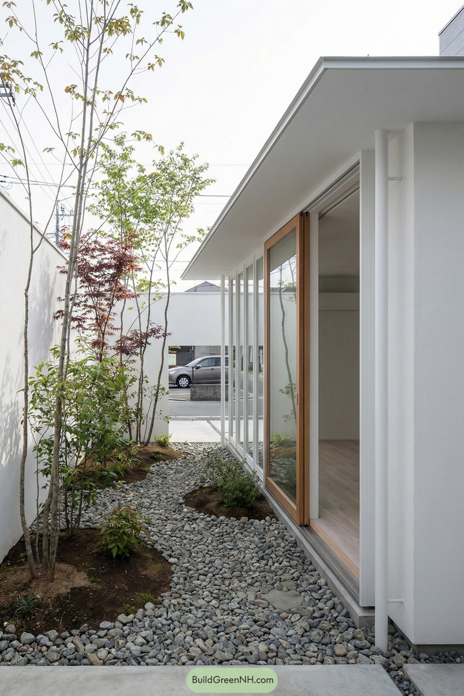 Slim modern courtyard with gravel path, trees, and glass wall