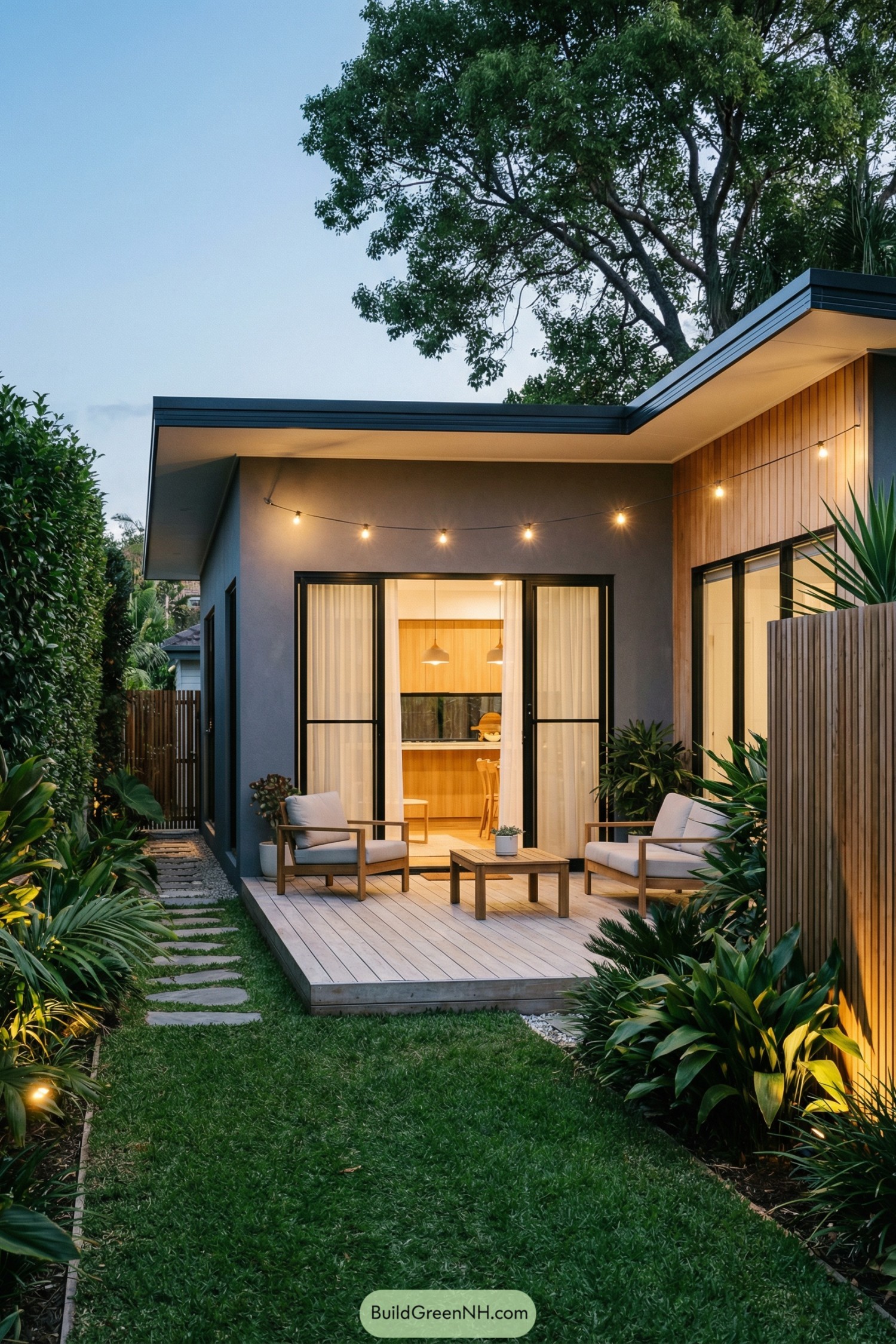 Small modern backyard deck with lounge chairs string lights and lush planting along a narrow lawn
