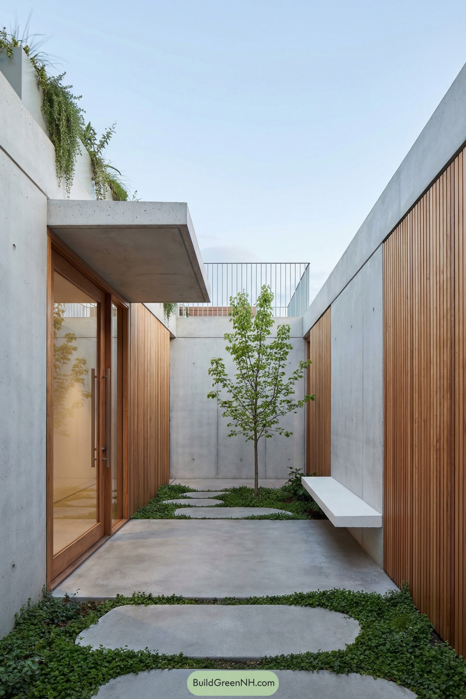 Minimal modern courtyard with concrete, wood, greenery, and a single tree