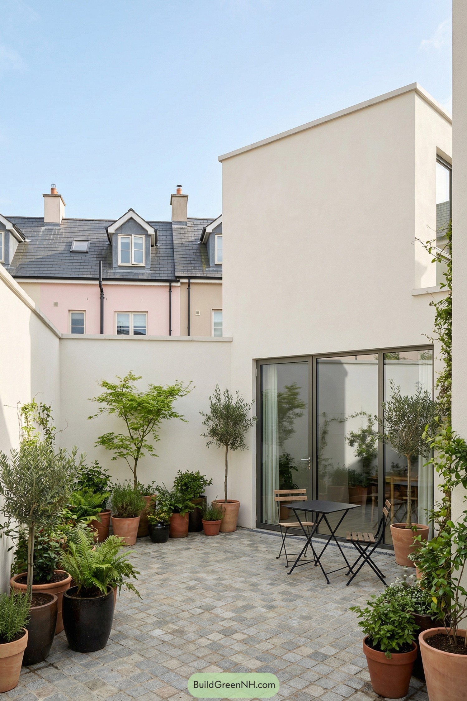 Small walled courtyard with potted plants and a black bistro table set on stone pavers