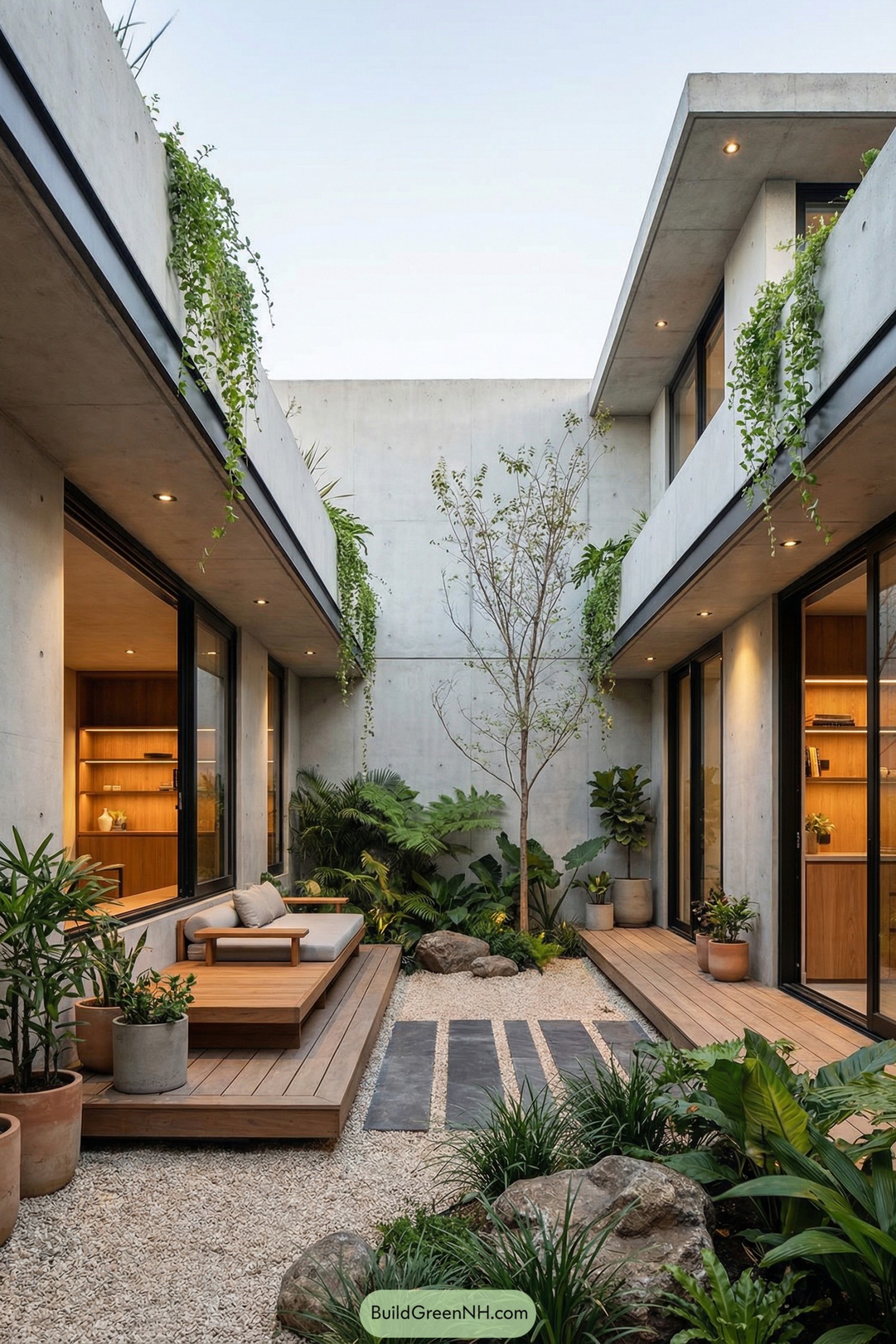 Modern concrete courtyard with wood decking and lush plants