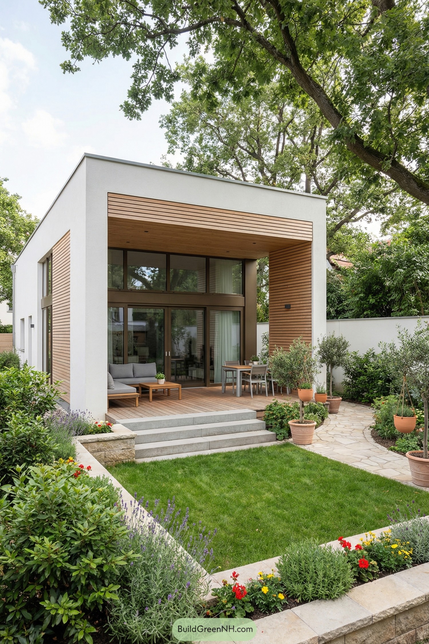 Small modern house with wood clad patio opening to a lush courtyard lawn and potted plants