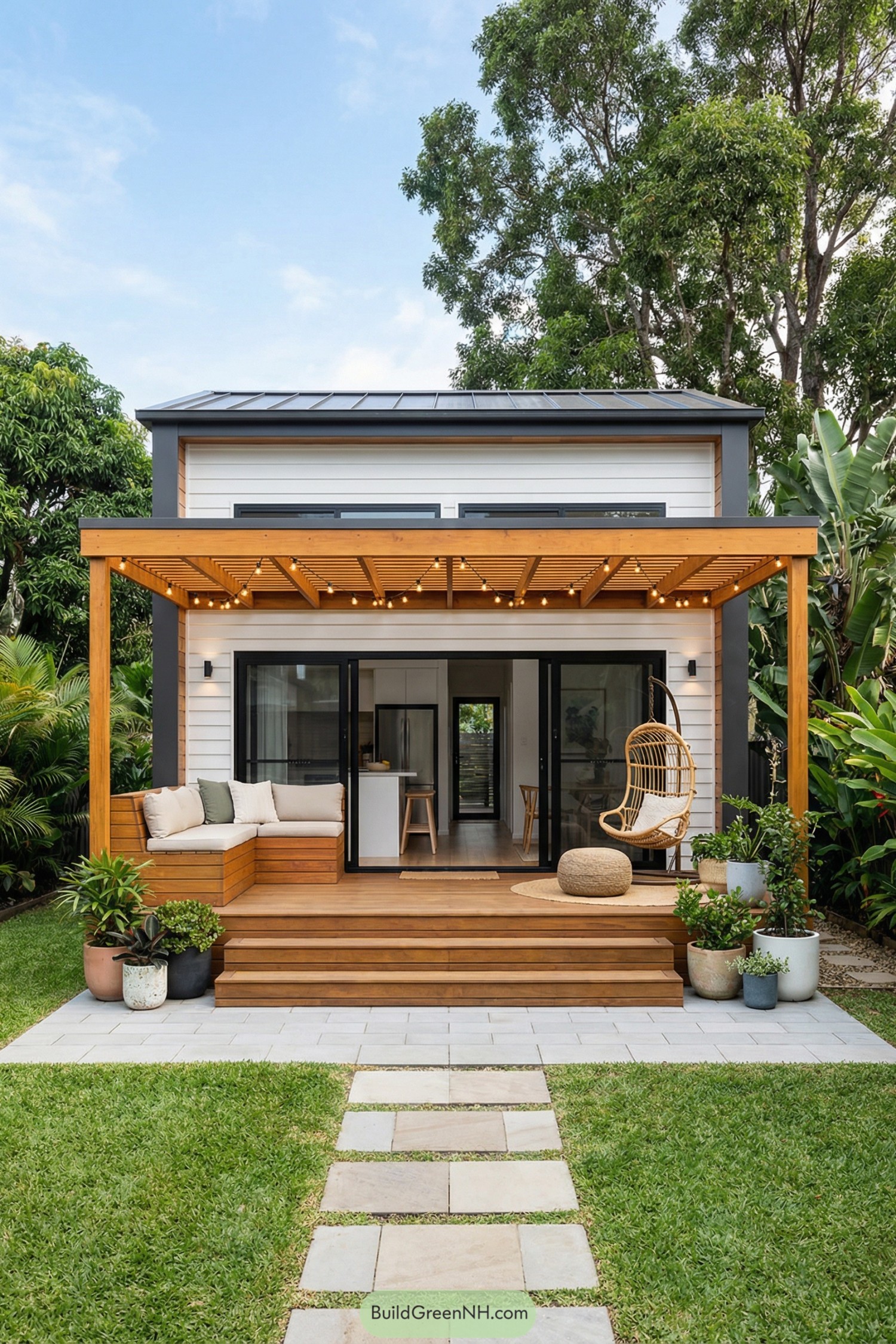 Modern tiny house with wood deck pergola seating corner, hanging chair, and lush courtyard garden