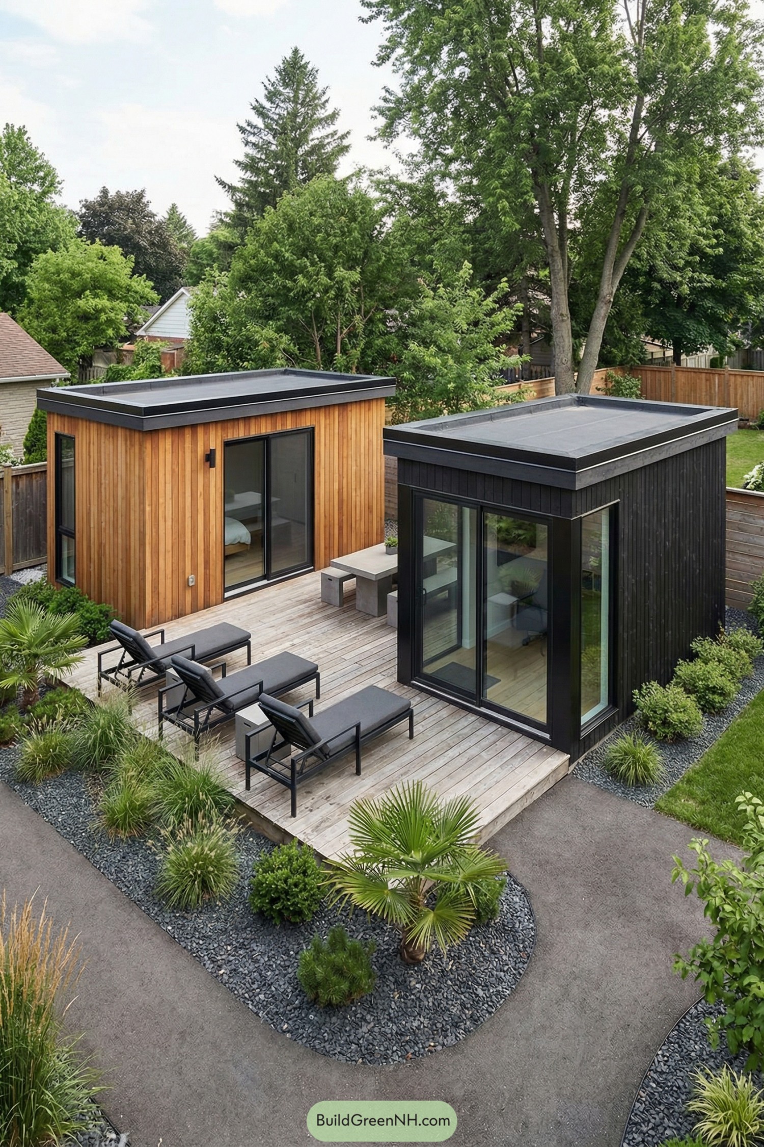 Two modern tiny houses facing a shared wooden deck with lounge chairs and minimalist garden landscaping