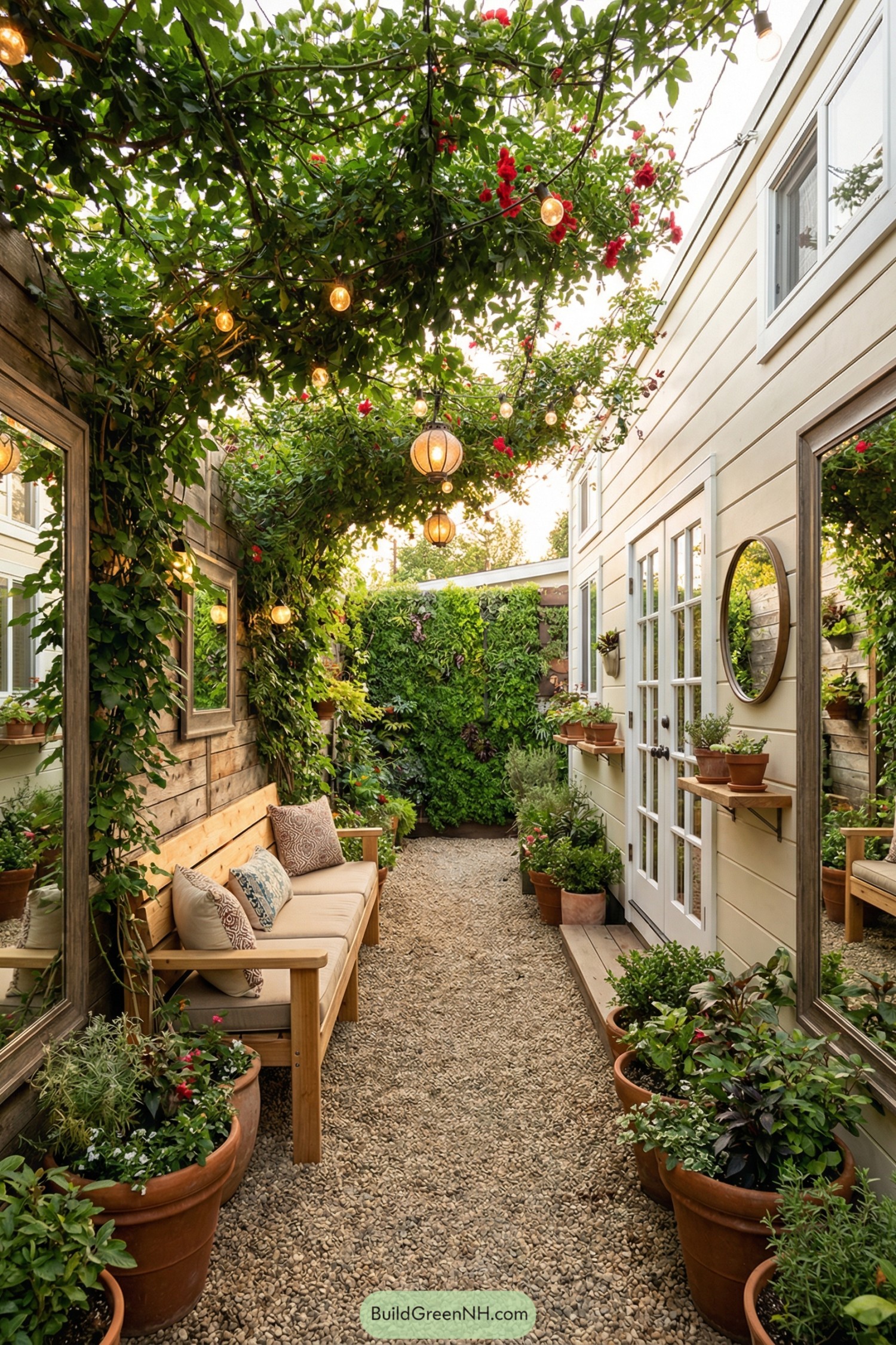 Cozy narrow courtyard with vine canopy and string lights