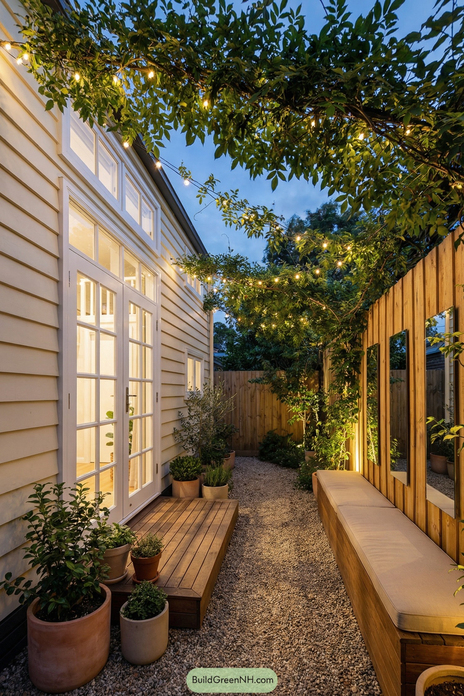Narrow side courtyard with string lights, wooden bench, deck step, and potted plants along a small gravel path