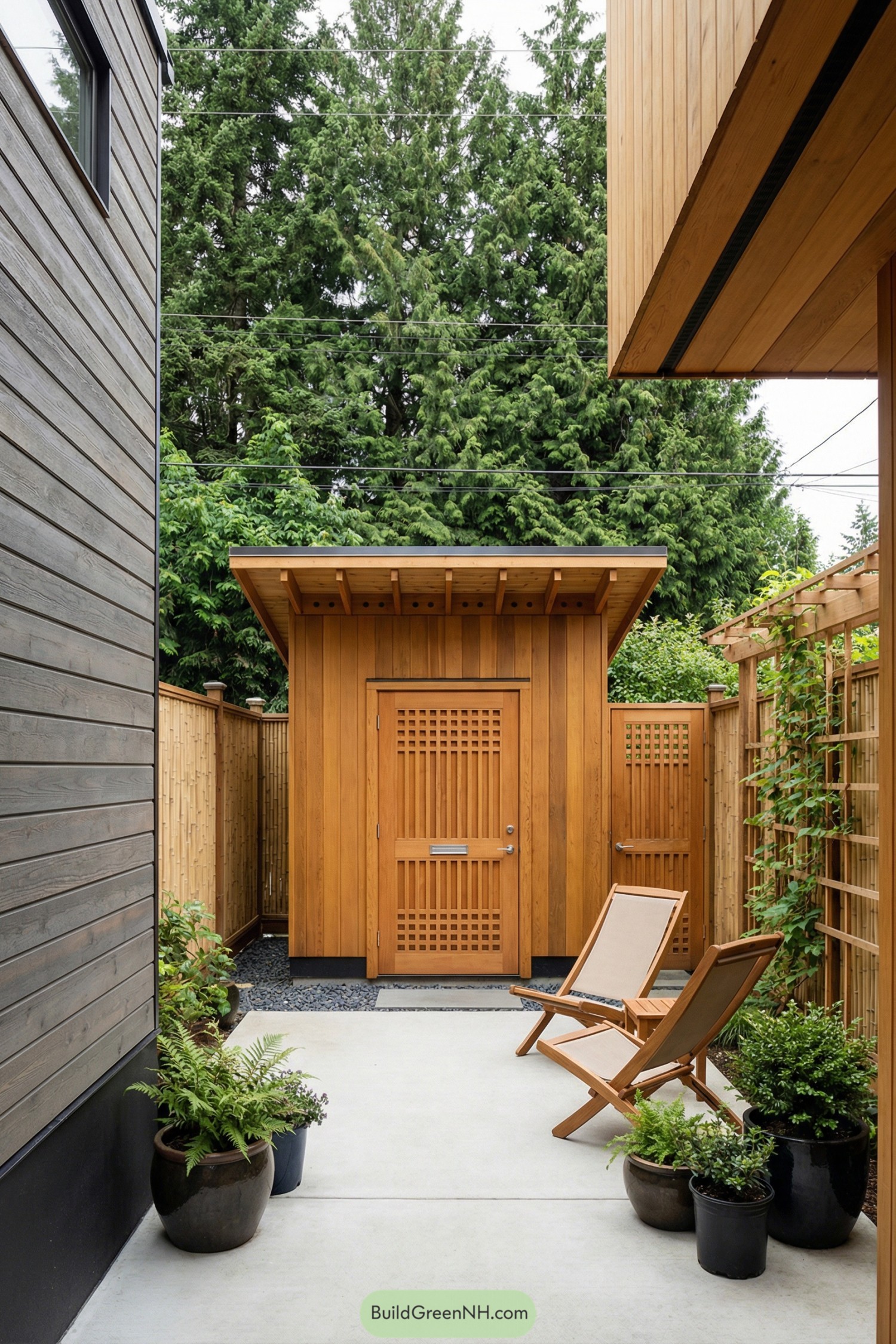Compact cedar courtyard with lounge chairs and potted greenery