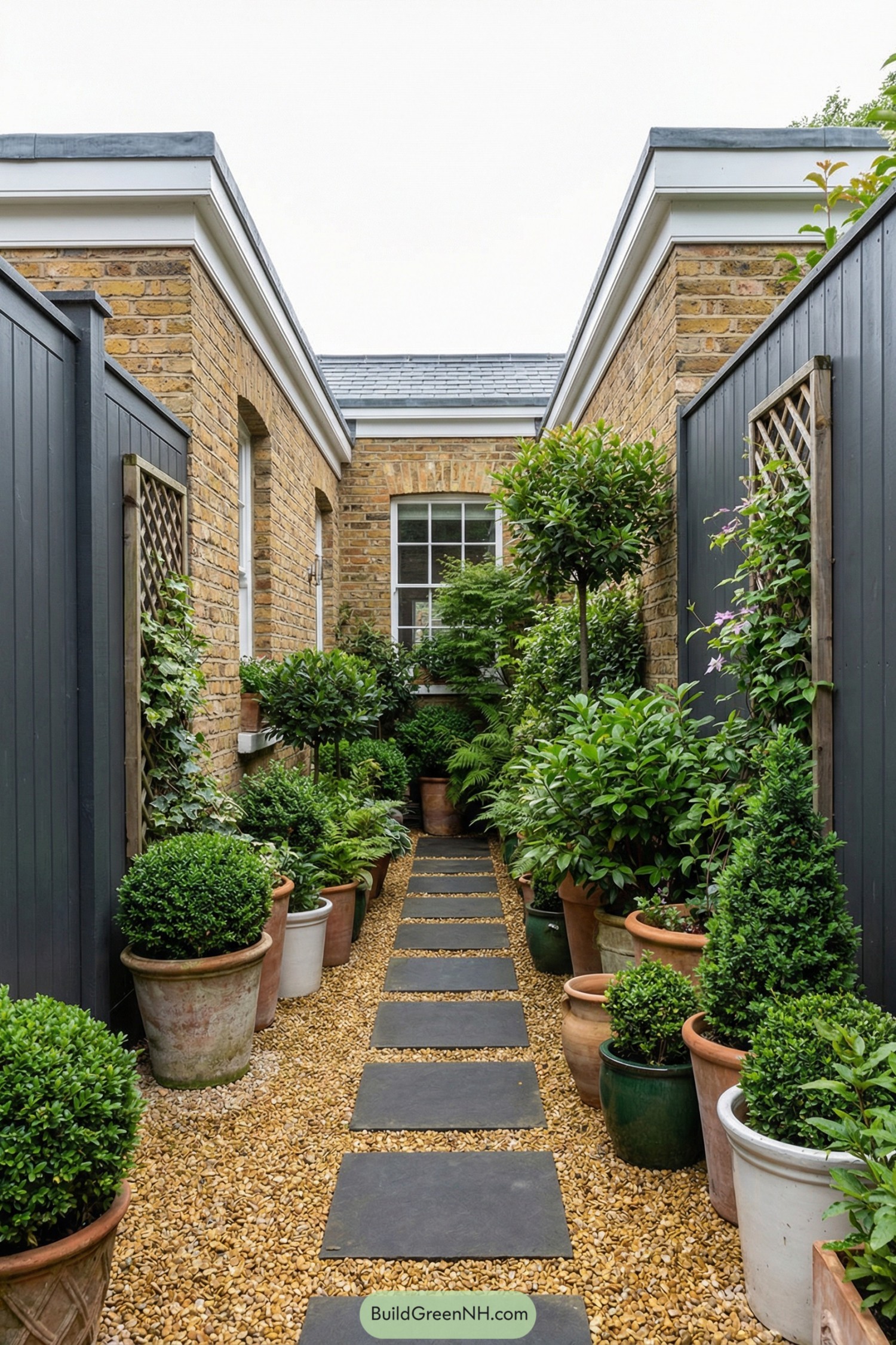 Narrow brick courtyard with gravel path and dense potted greenery lining both sides