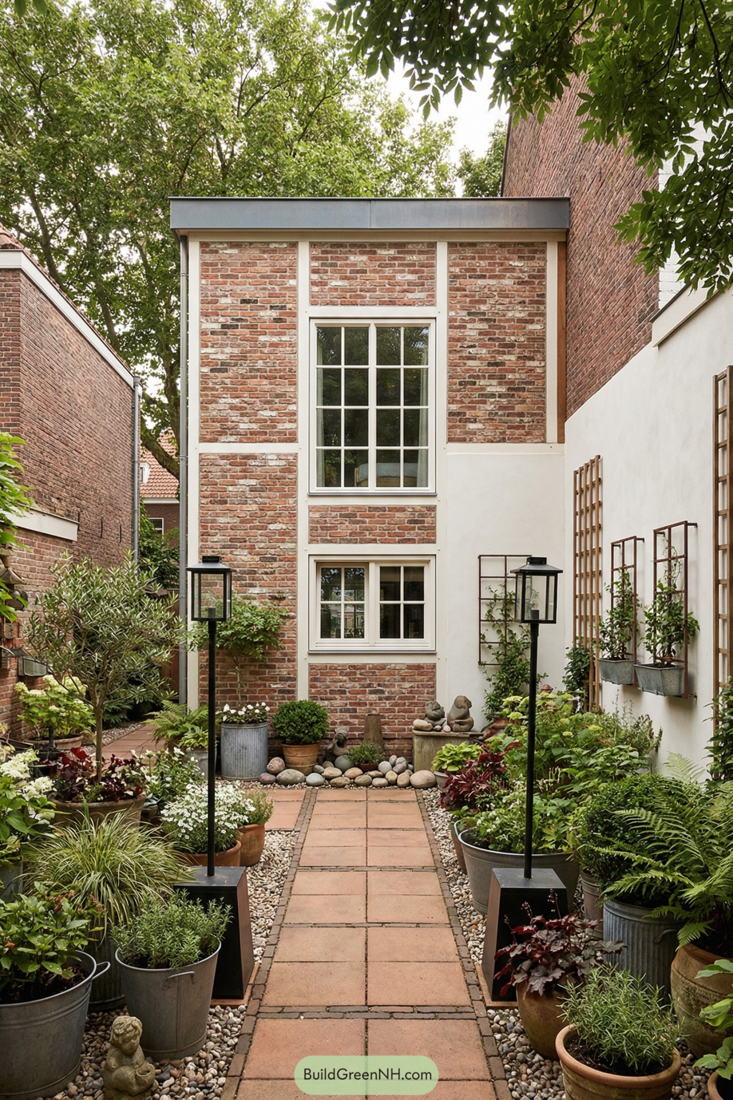Narrow brick courtyard with potted plants flanking a tiled path to a small brick house facade
