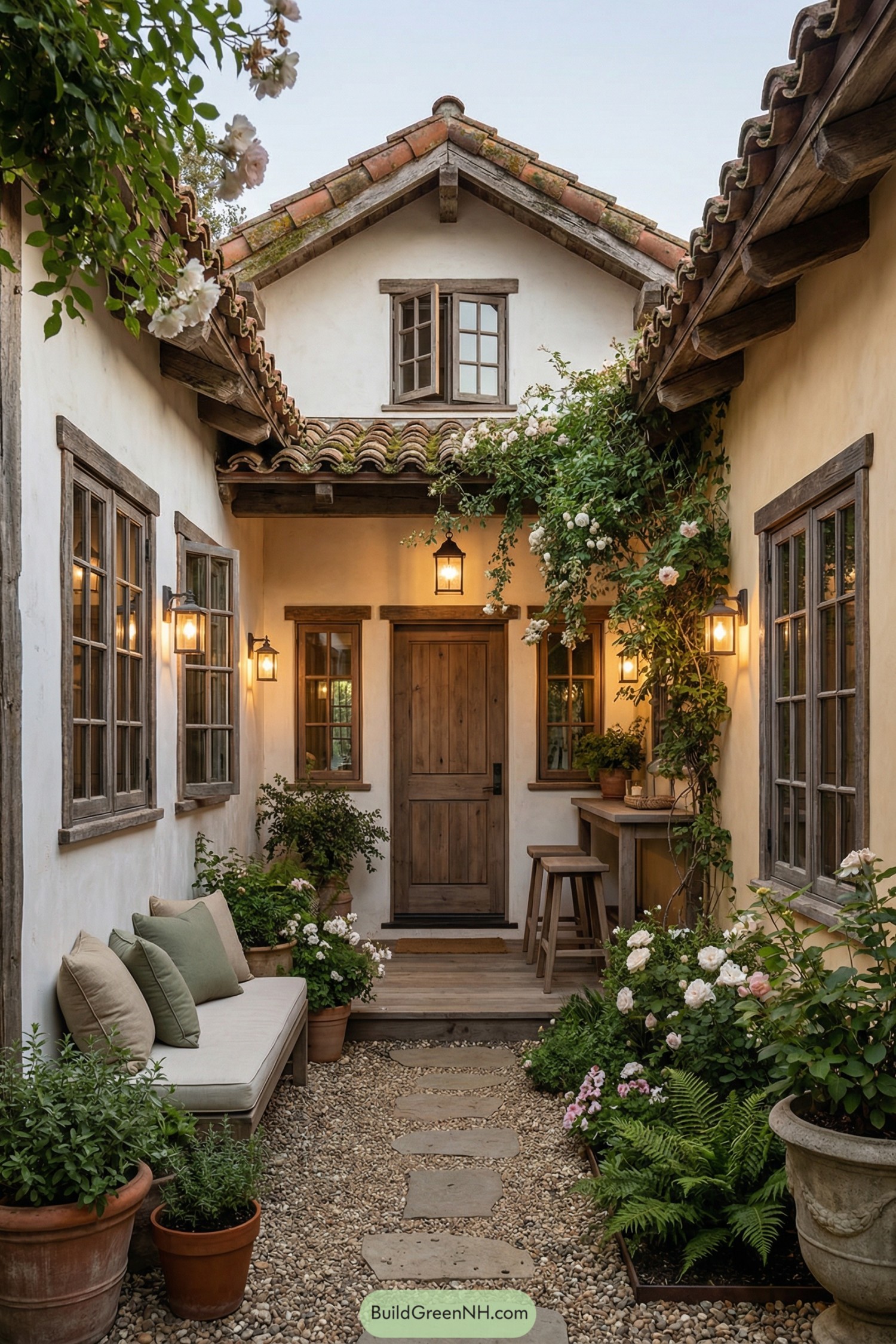 Narrow cottage courtyard with plants and seating