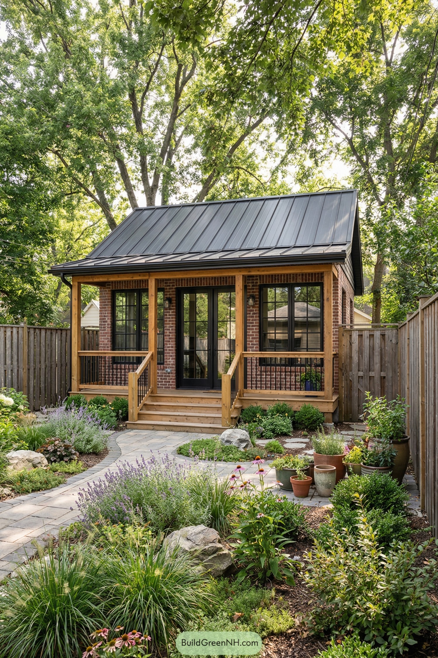 high-res photo of tiny house courtyard garden, rustic single-story facade in warm red-brown brick with simple rectangular form, dark trim and clean modern lines, compact elongated shape with shallow overhangs and open front corner, exterior materials of exposed brick walls, natural wood posts and decking, black metal railings and planters, roofing in dark charcoal standing-seam metal with low gable profile and slight eaves, large black-framed grid windows spanning most of the front wall, matching full-height glass French doors opening to the courtyard, wrap-around wooden porch and steps extending toward the garden with simple square timber columns and minimal detailing, curved stone and paver walkway leading from the foreground through the courtyard to the porch, dense landscaping with layered planting beds of ornamental grasses, flowering perennials, low shrubs and groundcovers, scattered boulders and terracotta and ceramic pots with greenery, small manicured lawn patches and mulched beds, enclosed by weathered vertical wood privacy fencing, tall leafy trees arching overhead creating a green canopy, background of lush suburban garden setting with dappled light and partial sky glimpses, scene composed at eye level from courtyard looking toward the house, real-life photo, high-resolution, architectural photography, soft lighting, cinematic composition.
