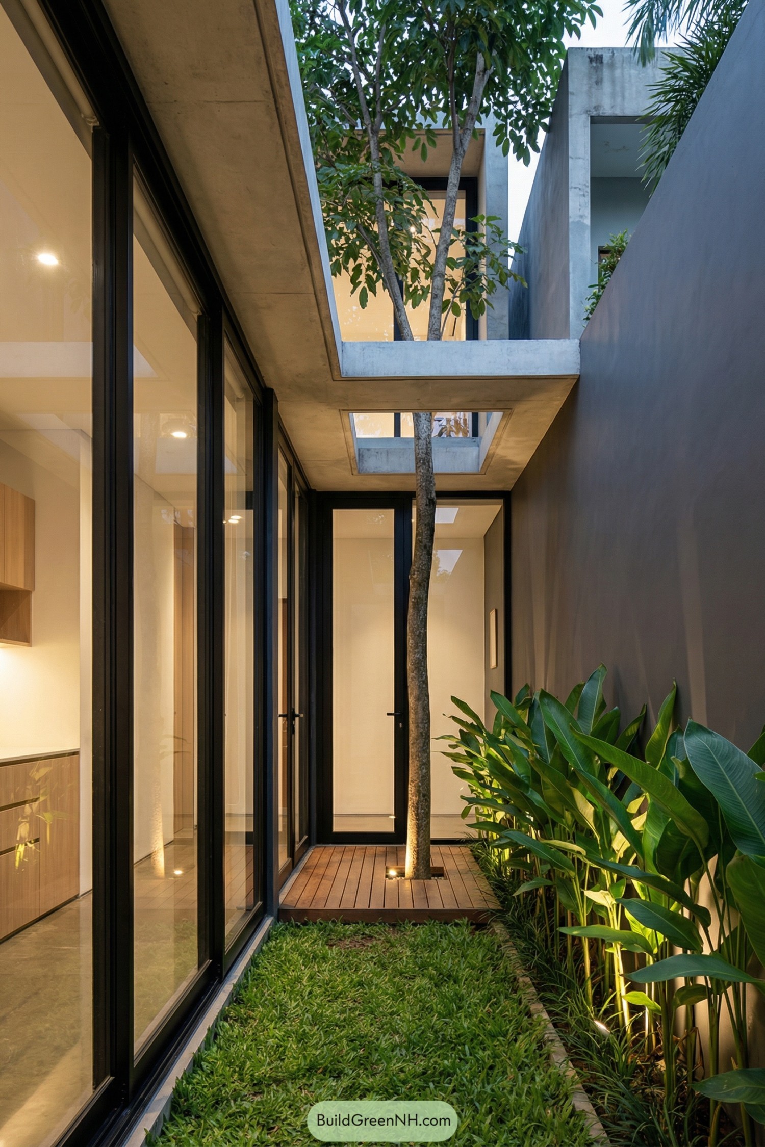 Narrow modern courtyard with central tree, grass, and glass-lined corridor
