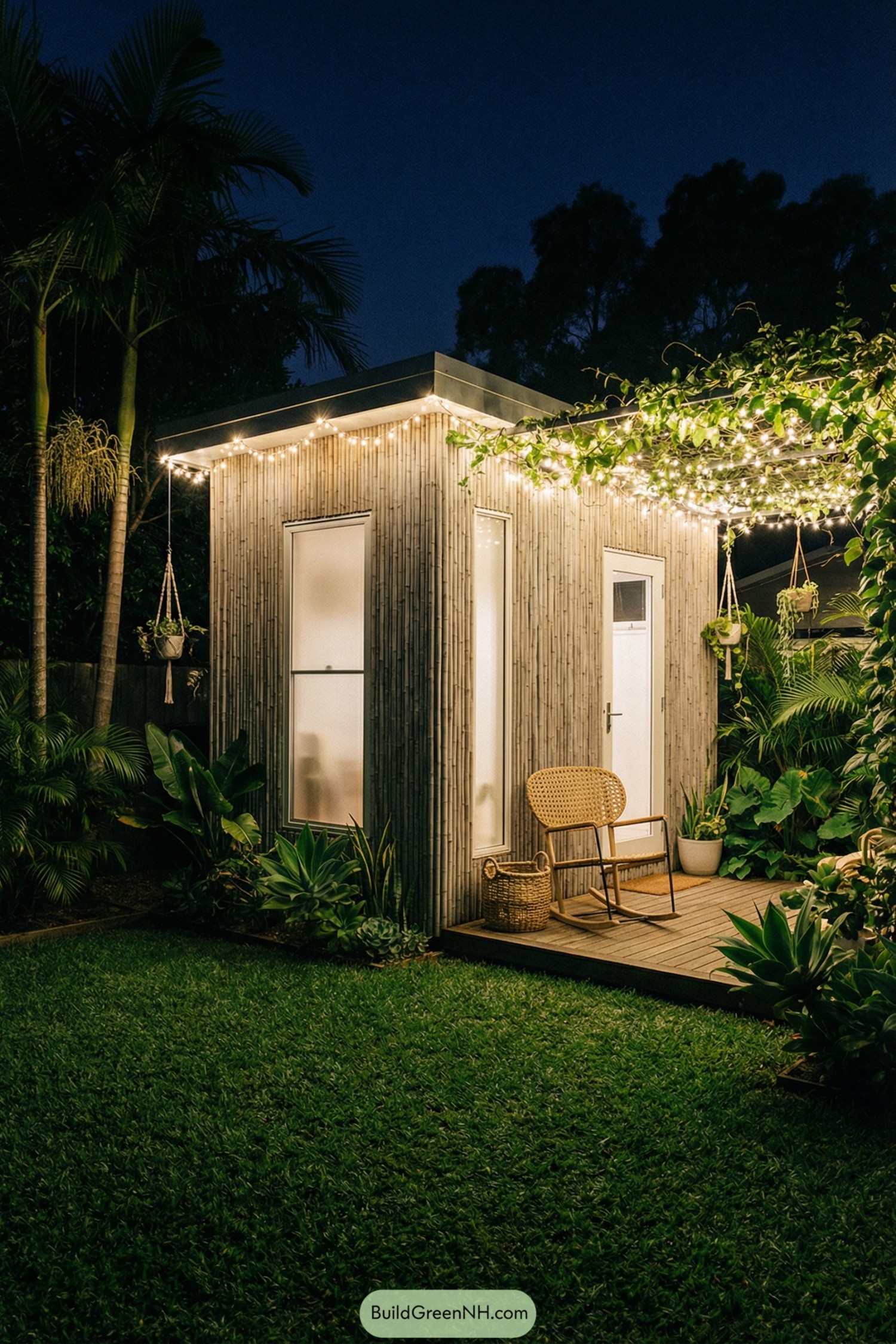 Cozy tiny studio with bamboo cladding, string lights, and lush tropical plants around a small deck seating area at night