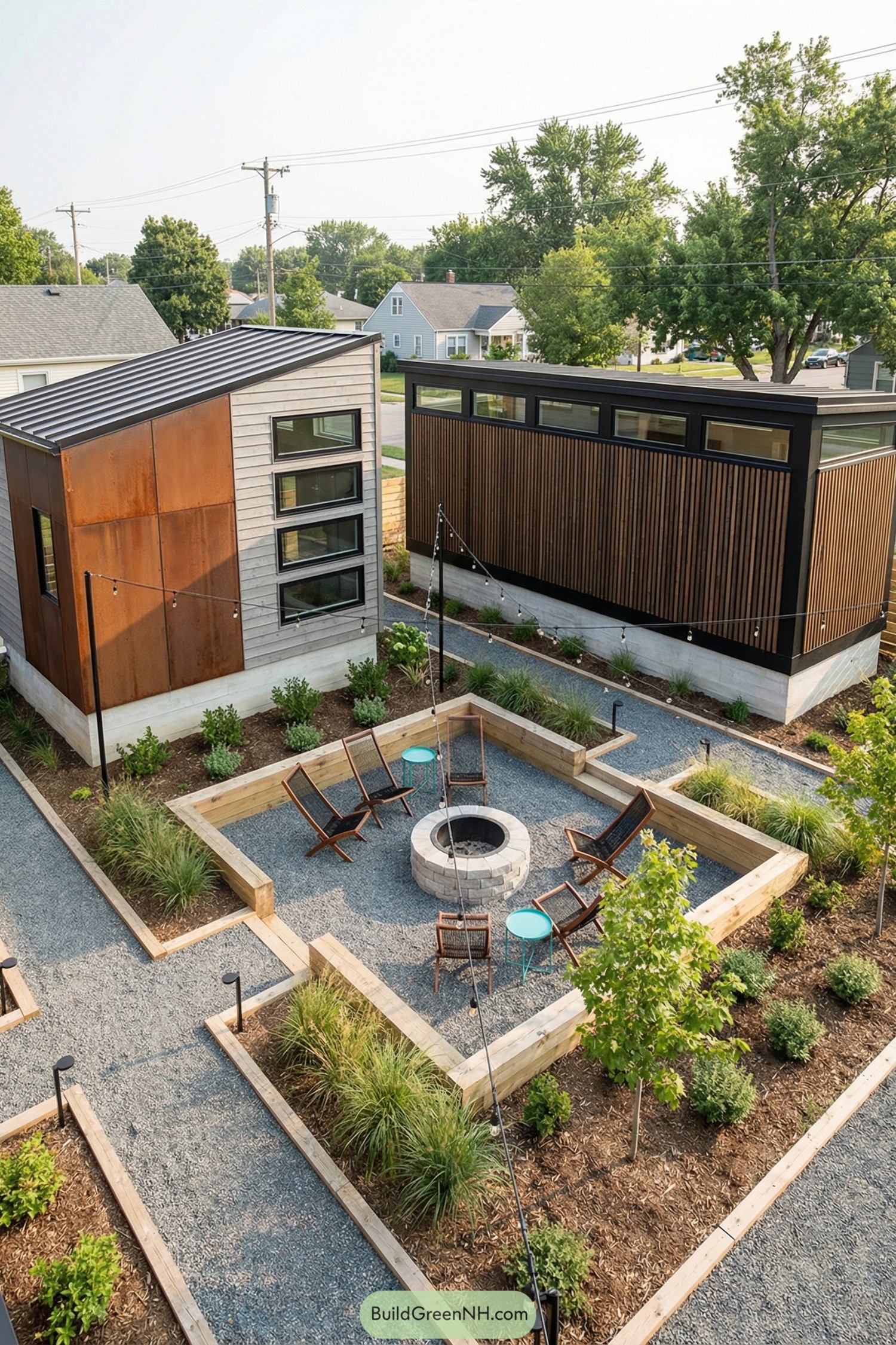 Modern courtyard with central firepit, gravel paths, raised planters, and two contemporary tiny houses