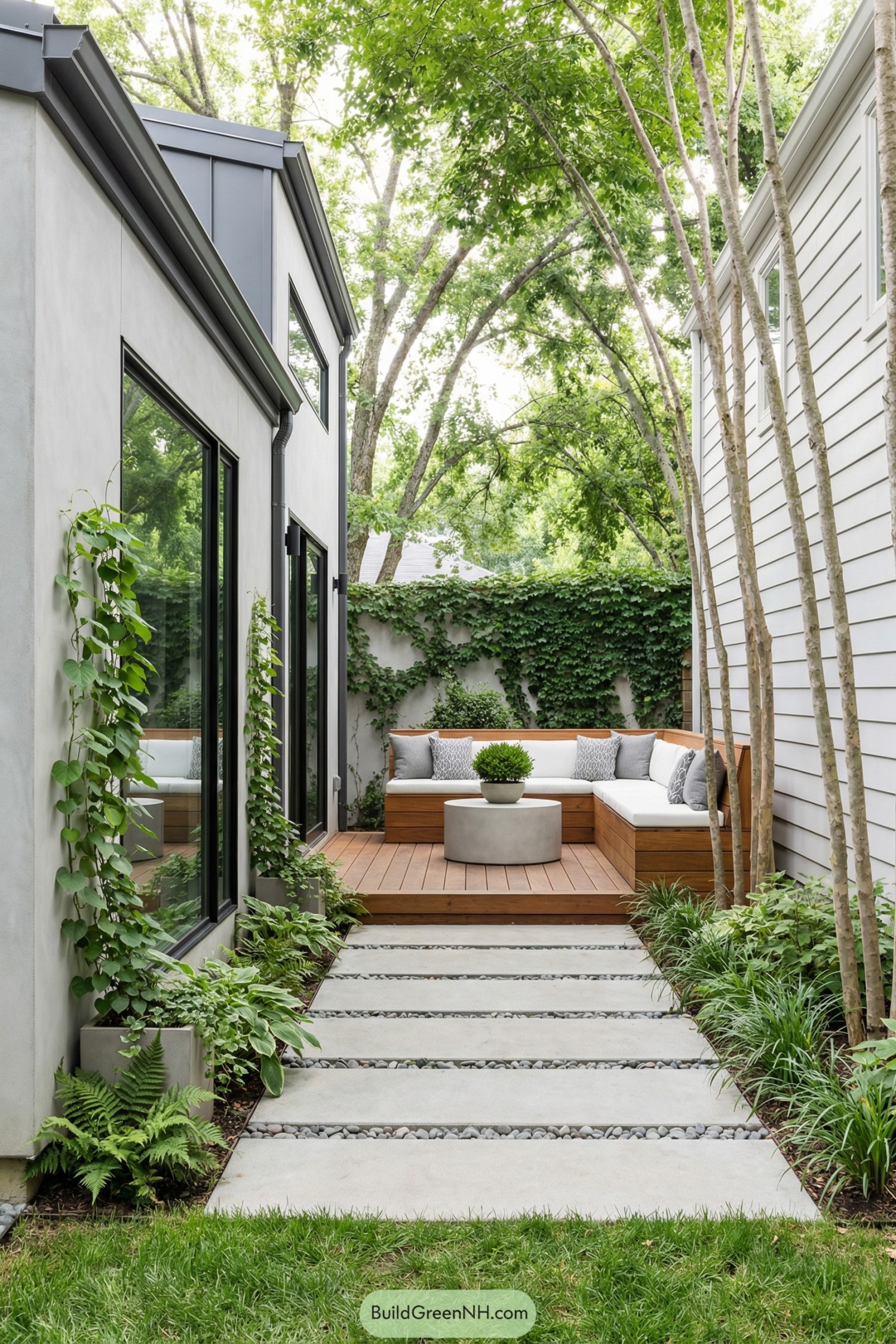 Narrow courtyard with modern deck seating and lush greenery