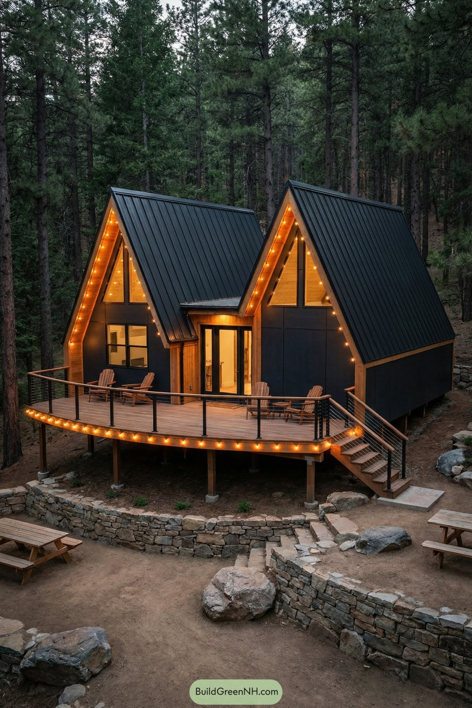 Cozy twin A-frame cabin with glowing wraparound deck in a pine forest