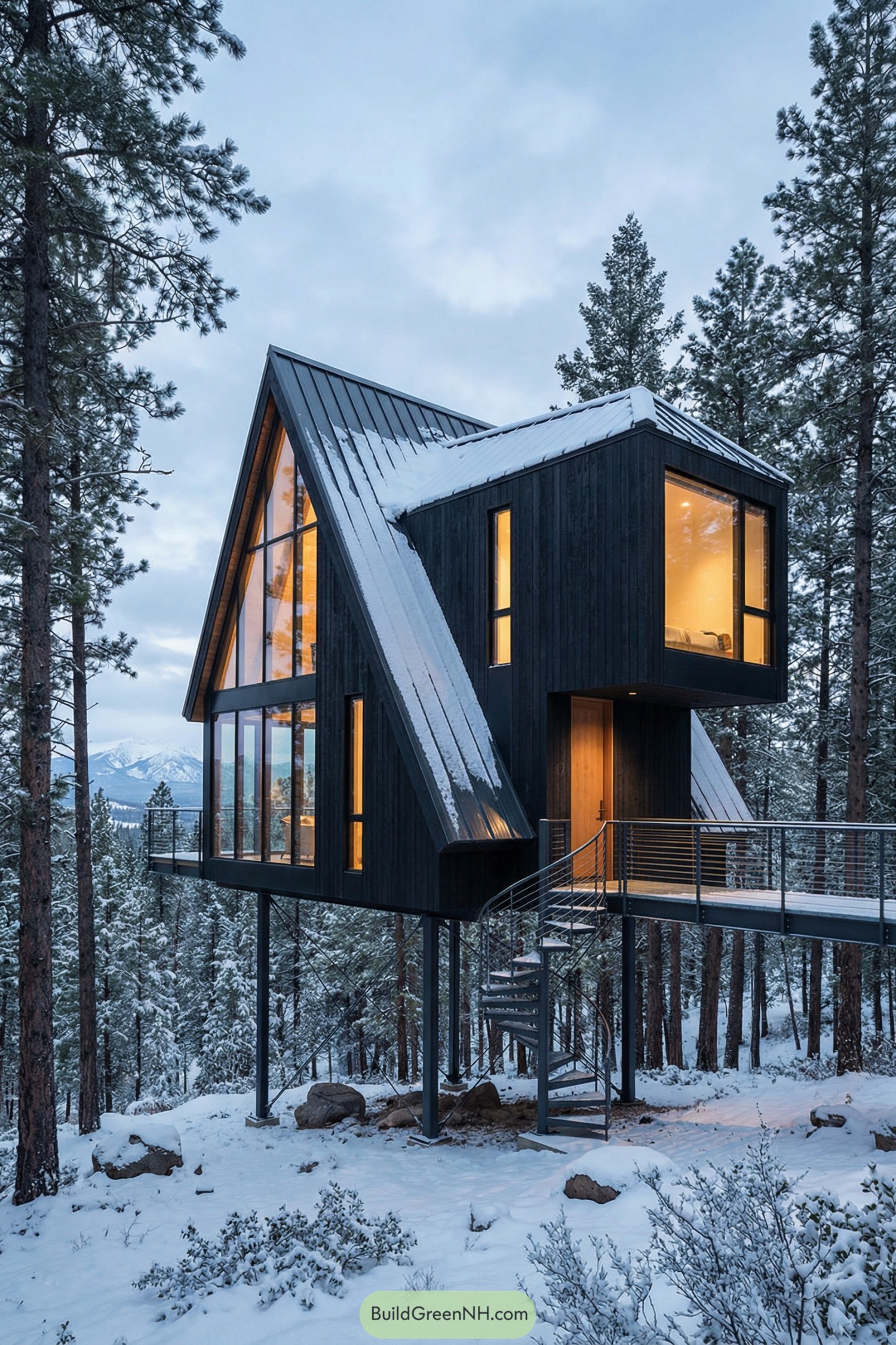 Elevated black cabin with tall glass in snowy pine forest