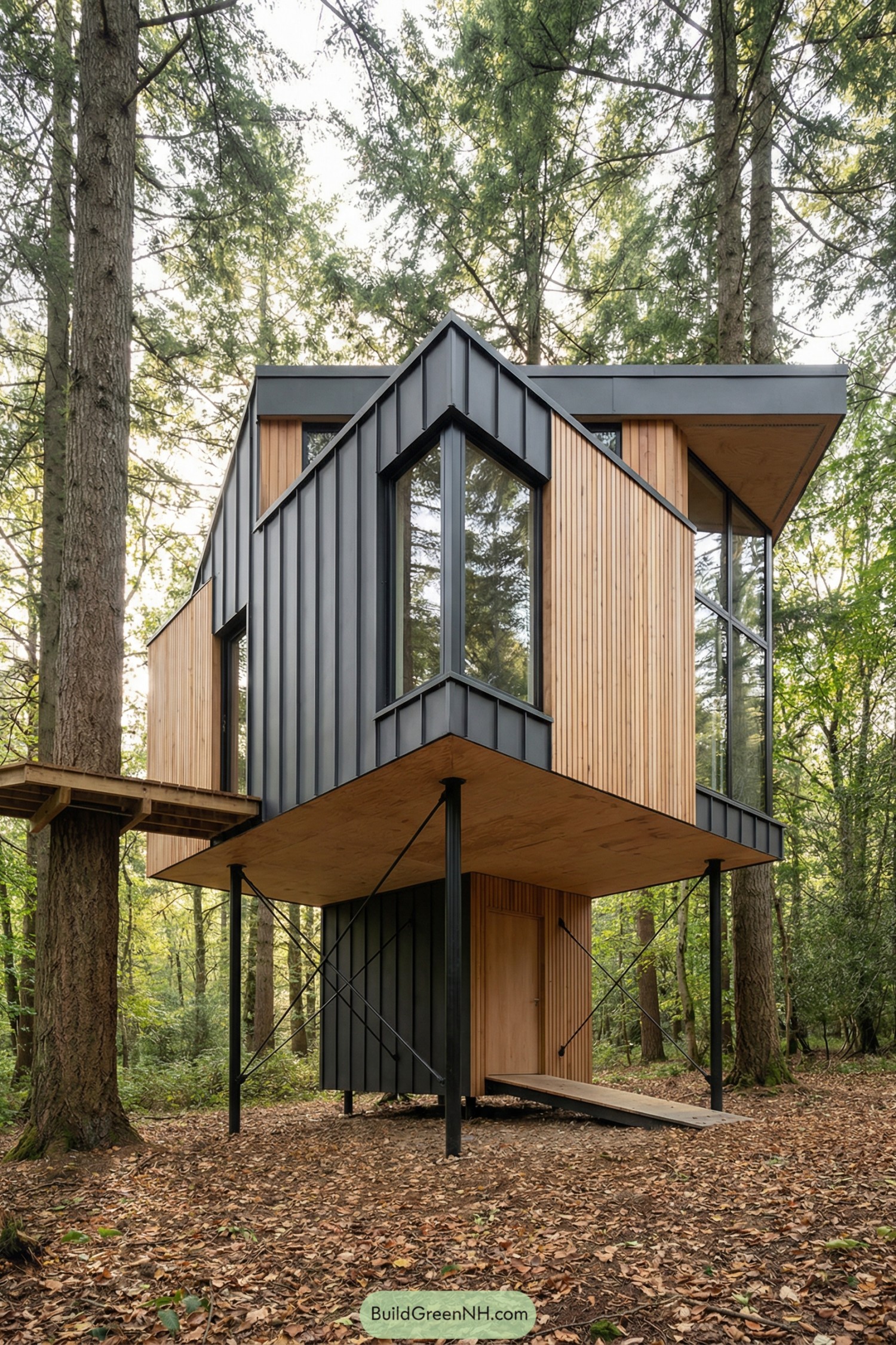 Modern stilted forest cabin with glass and wood cladding