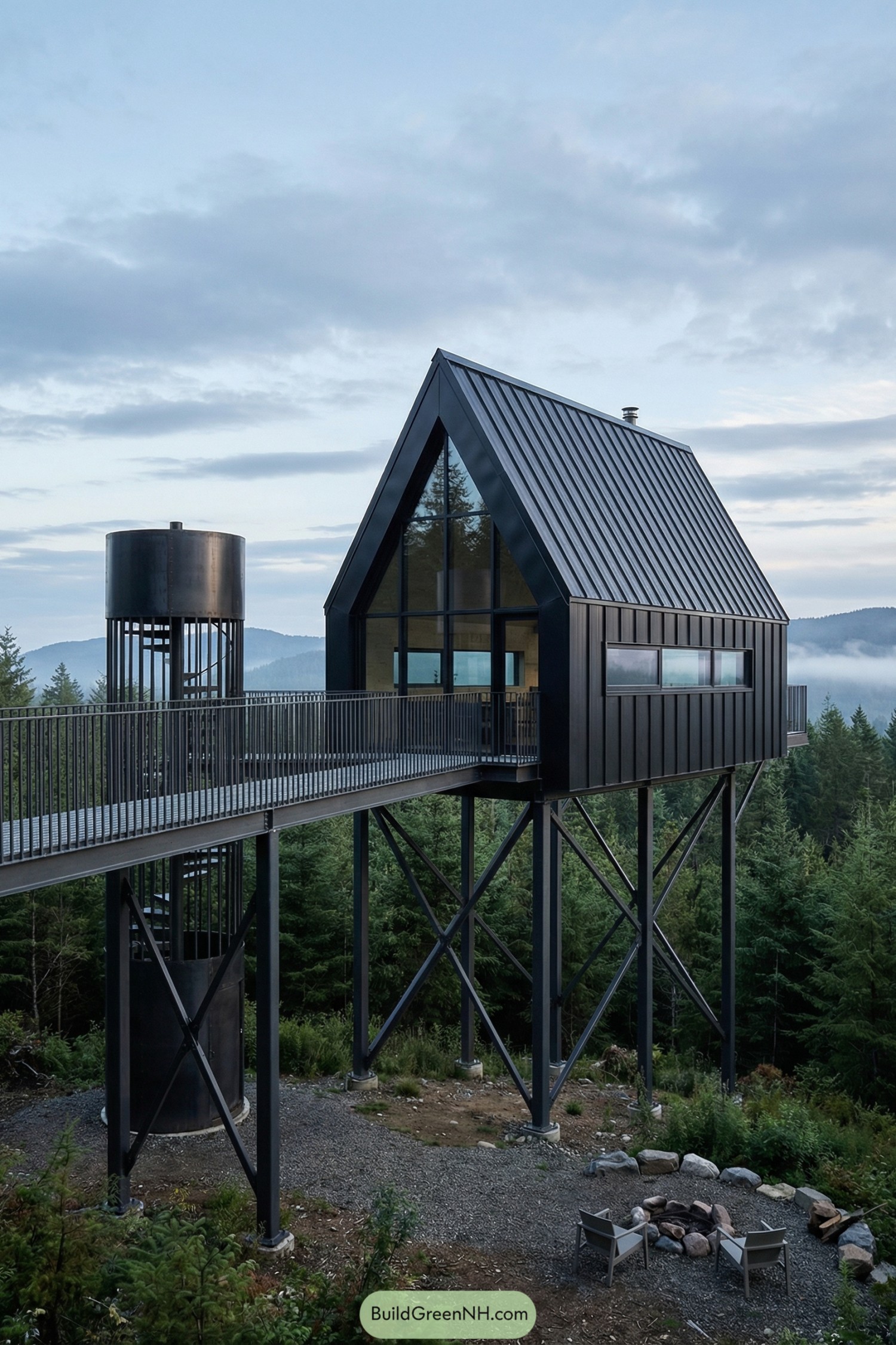 Elevated black metal cabin on tall stilts above dense evergreens with a long bridge and spiral stair tower
