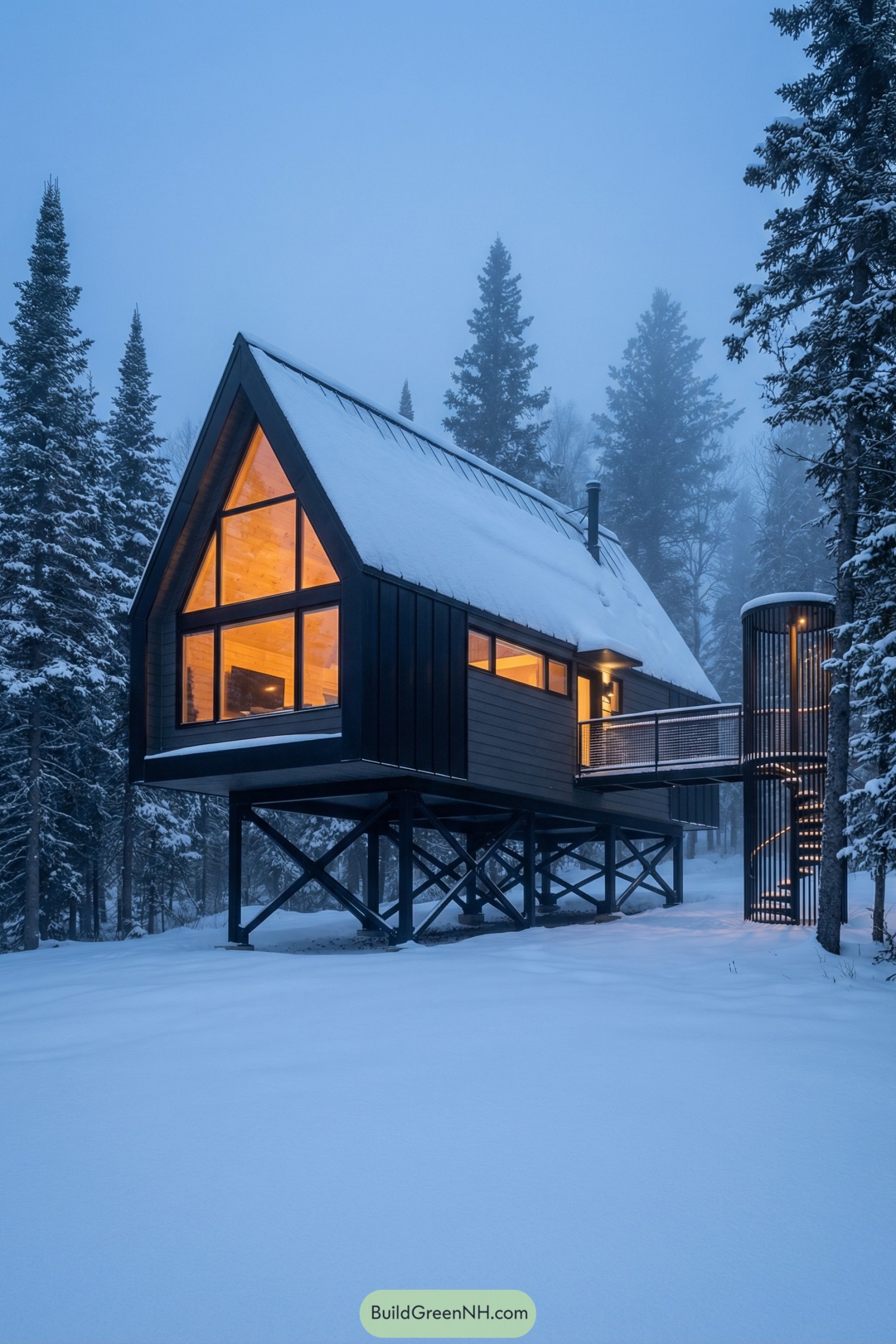 Elevated black cabin glowing warmly in a snowy pine forest