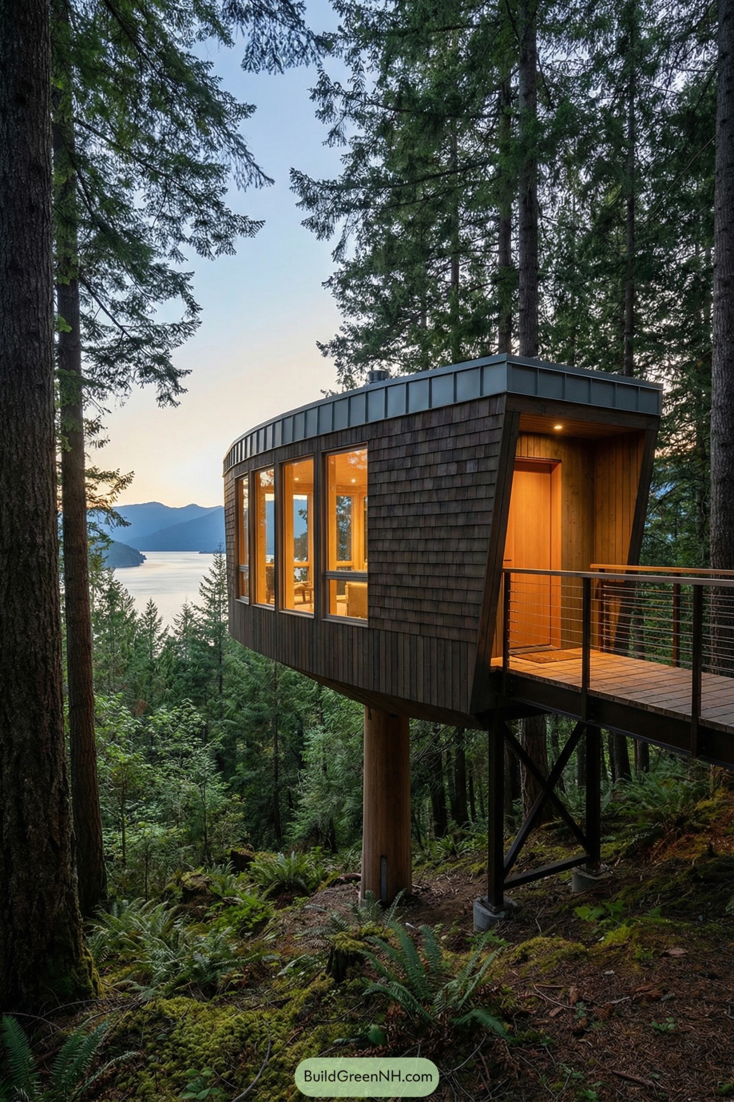 Elevated curved wood cabin among evergreens