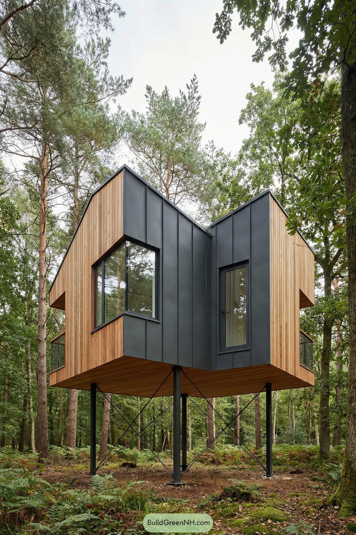 Modern stilted woodland cabin with metal and wood cladding