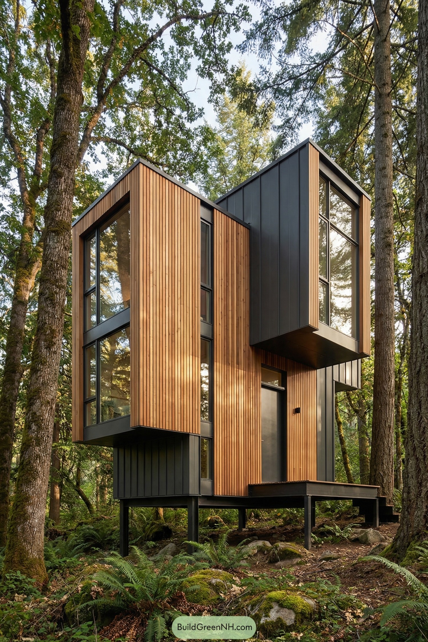 Modern treetop cabin with tall glass and vertical wood siding rising on stilts among dense forest trees