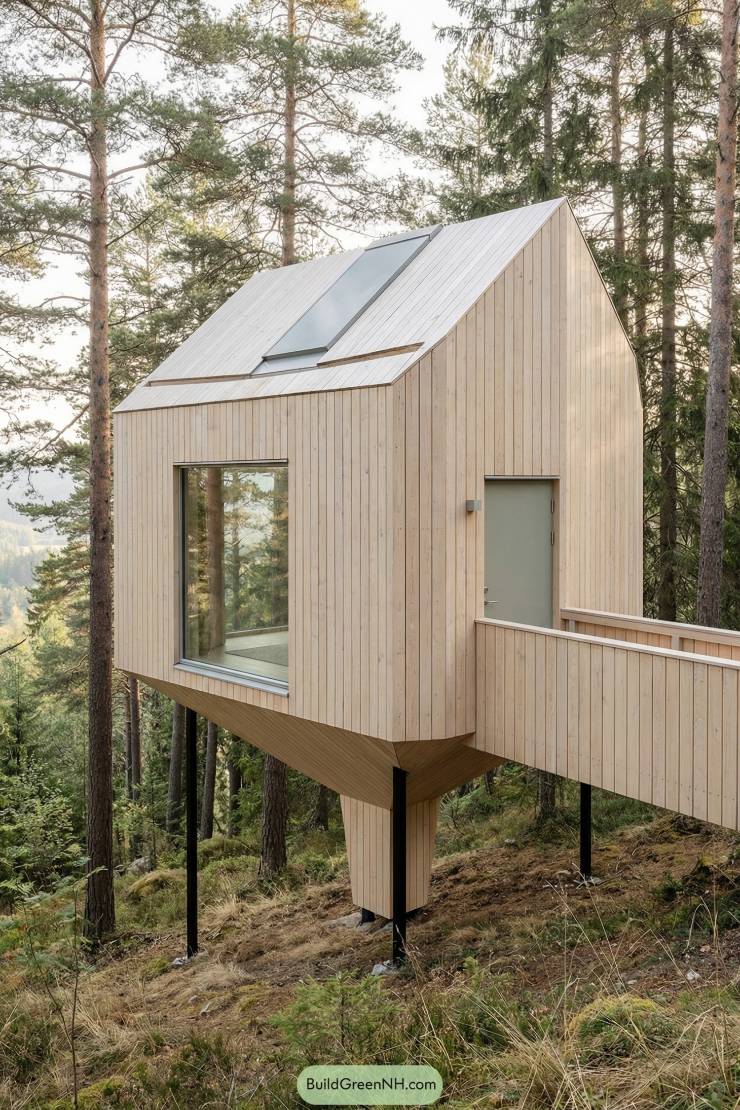 Elevated light-wood cabin on slim stilts in forest