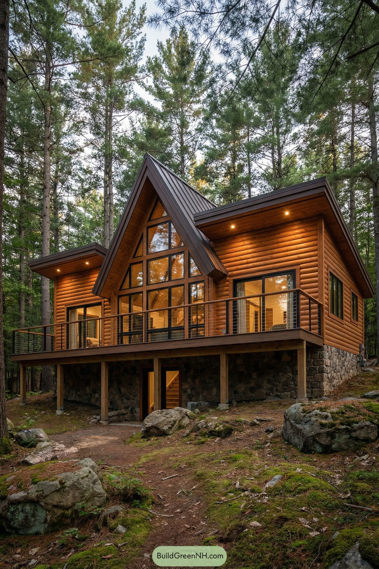Warm wood cabin with tall A-frame glass front nestled among evergreen trees