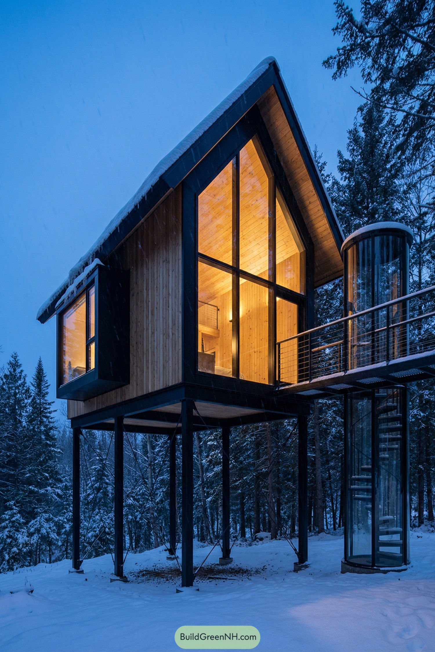 Elevated wood cabin on stilts in snowy forest at dusk