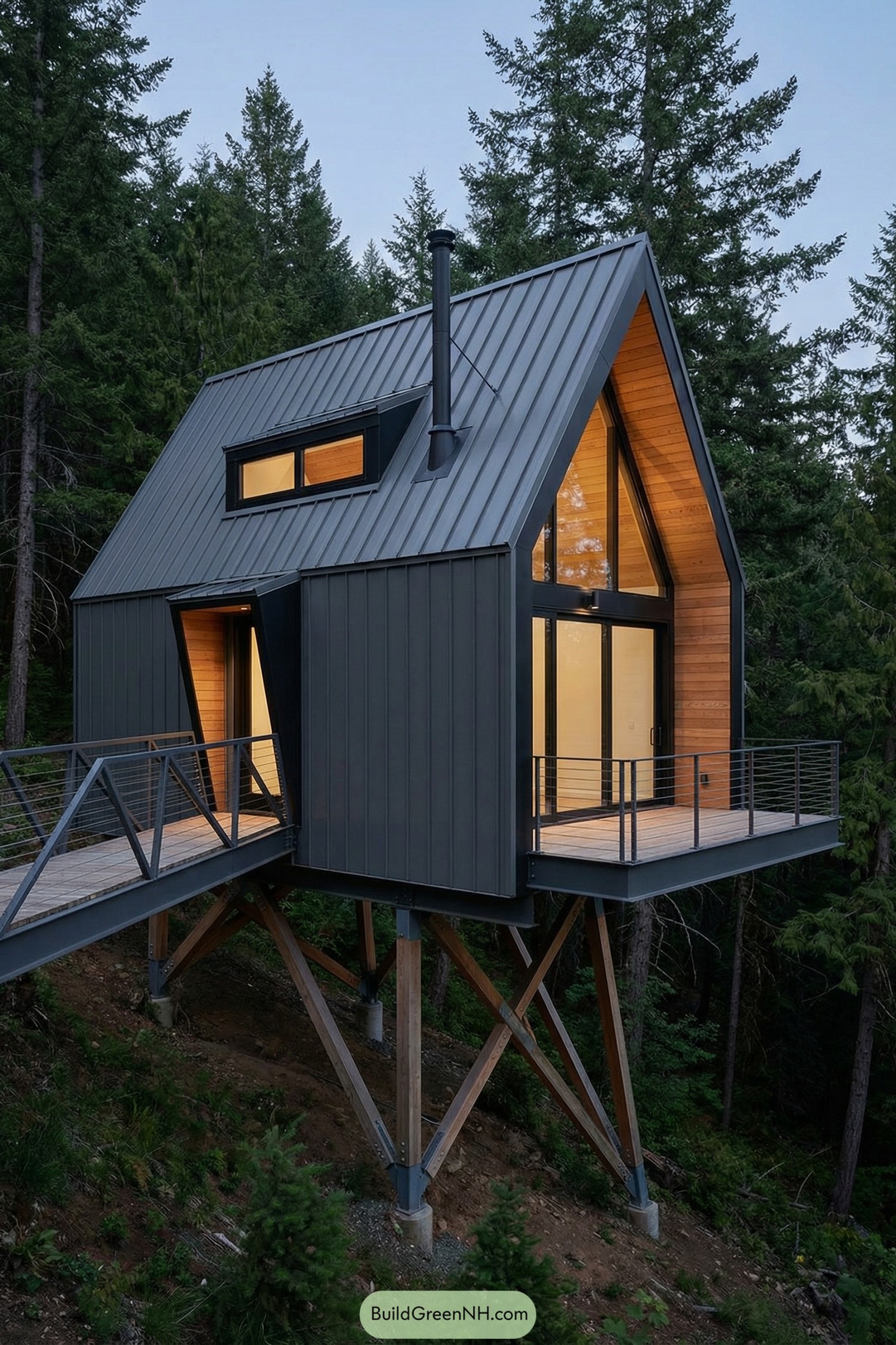 Modern stilted A-frame cabin among tall pines