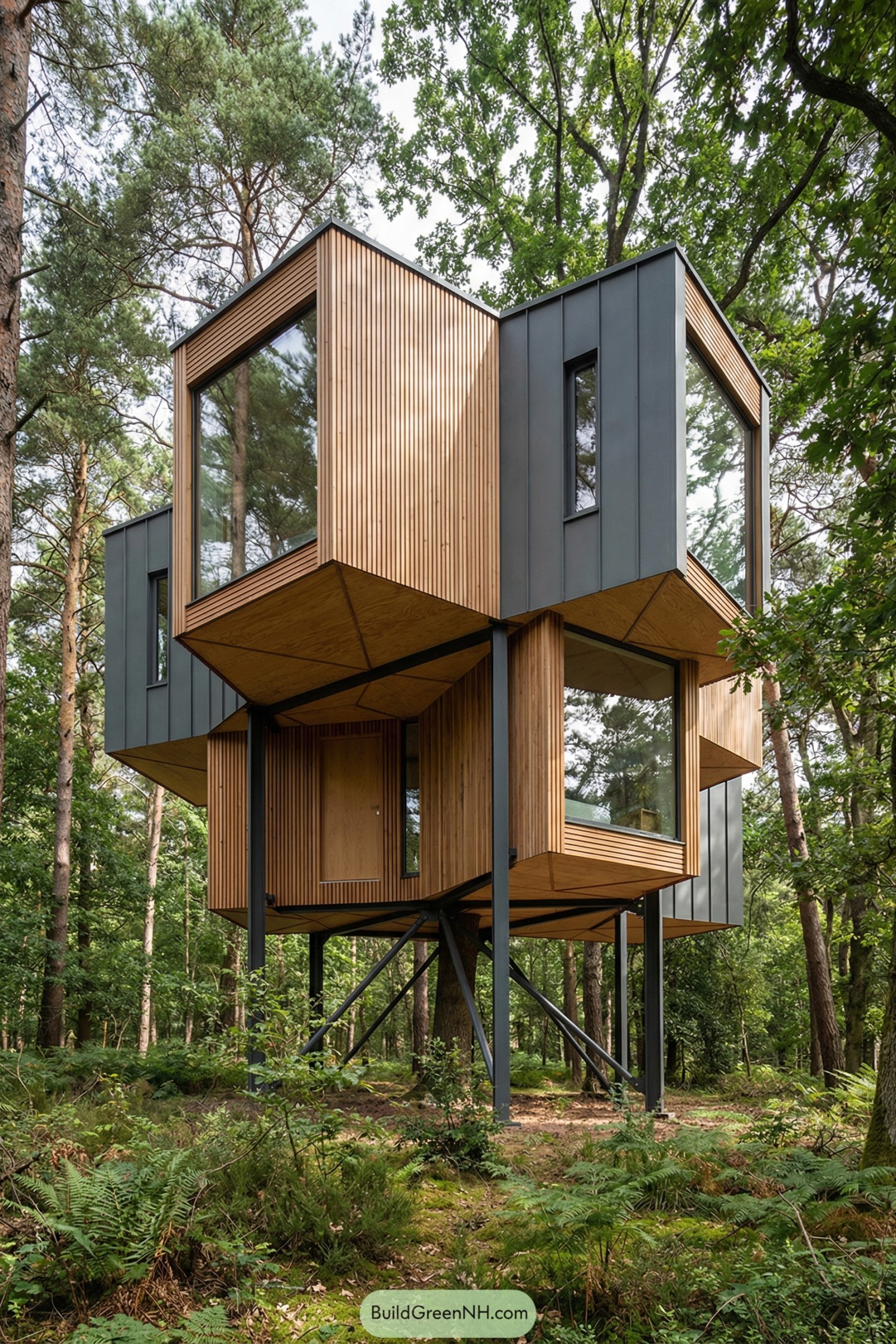 Modern stilt cabin with boxy wood and glass volumes in a dense green forest