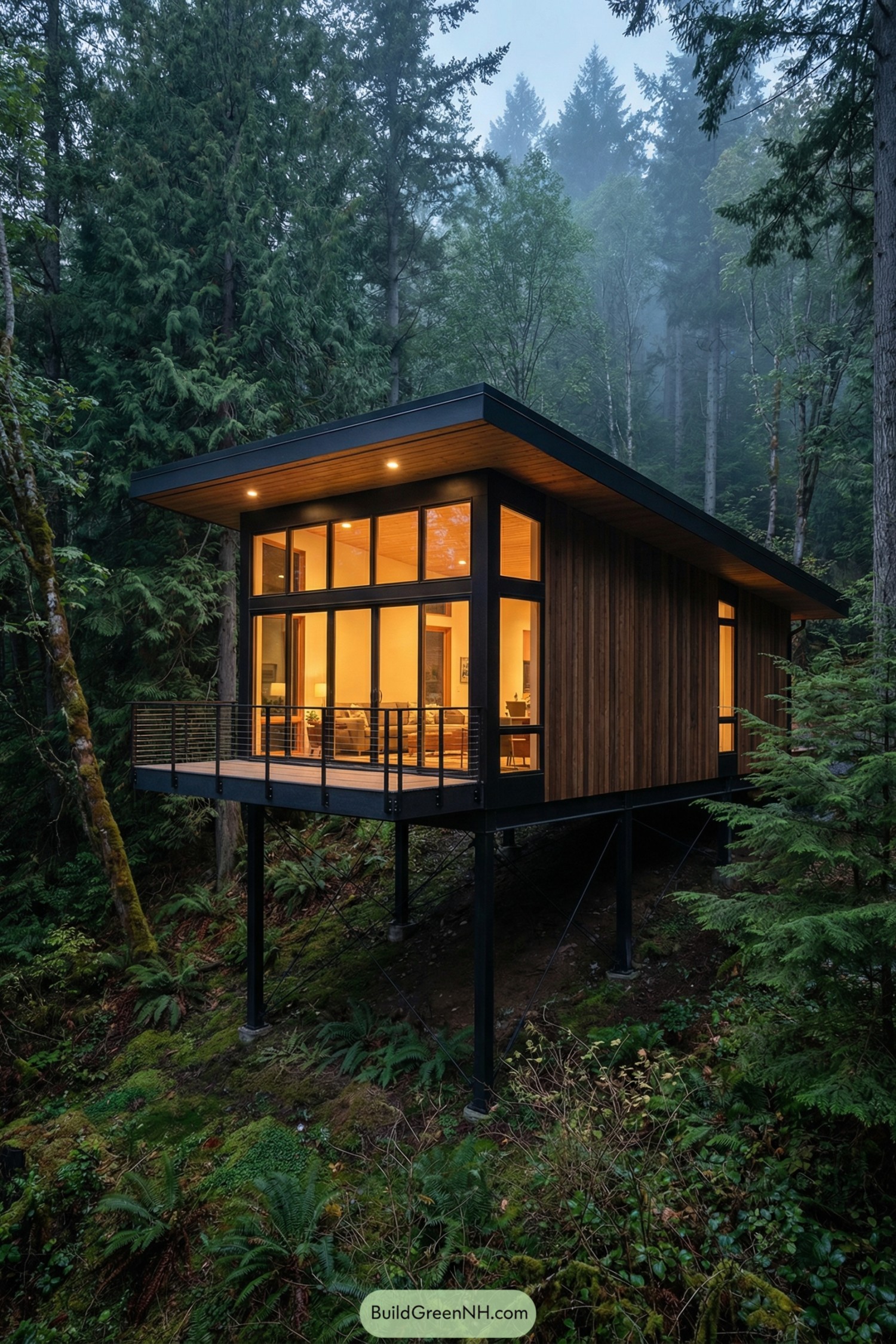 Modern stilted cabin with glass facade in misty forest