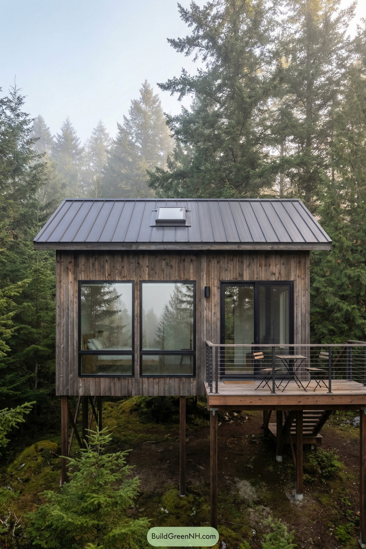 Stilted wood cabin with deck in misty evergreen forest