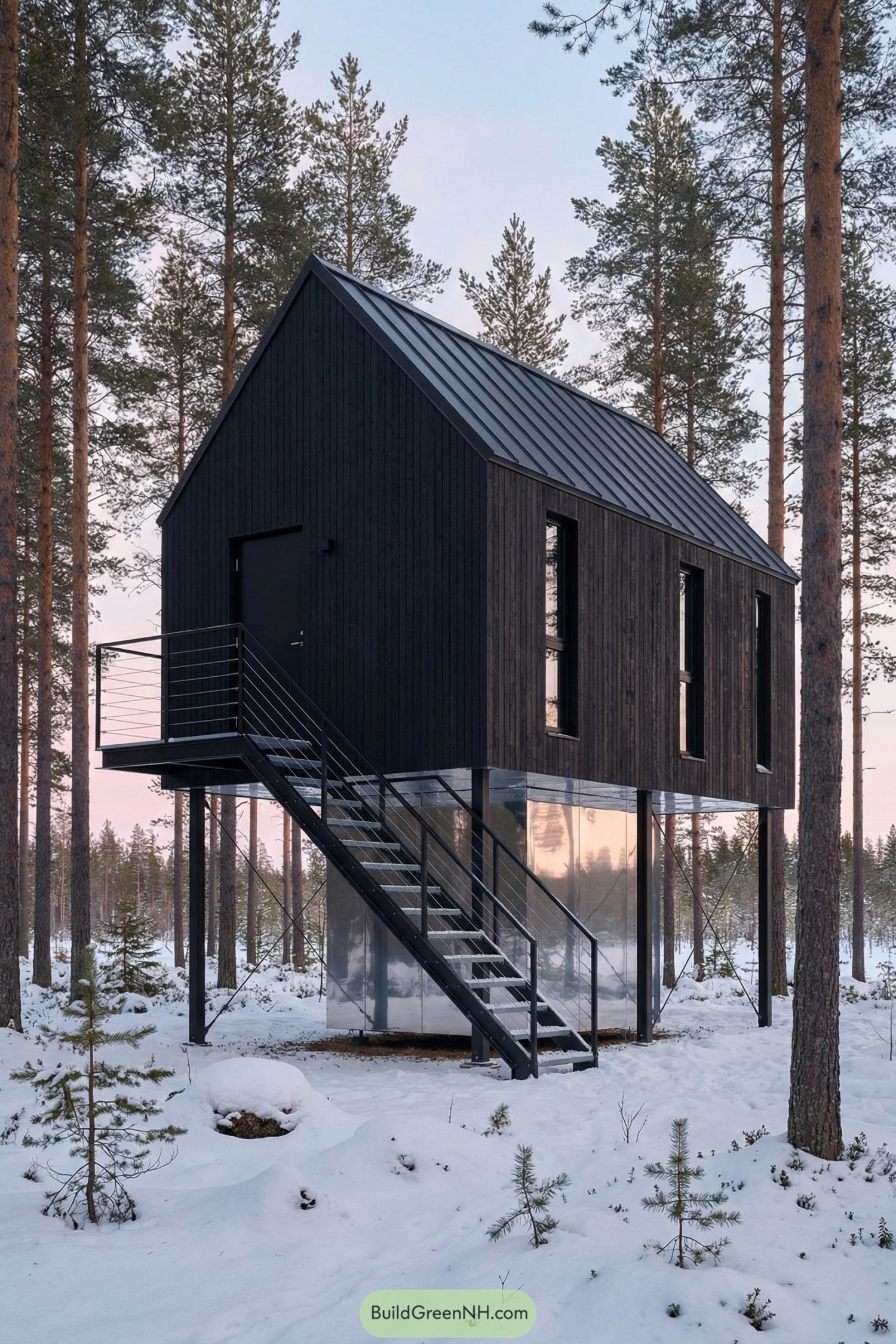 Black timber cabin raised on slim metal stilts above a snowy forest floor