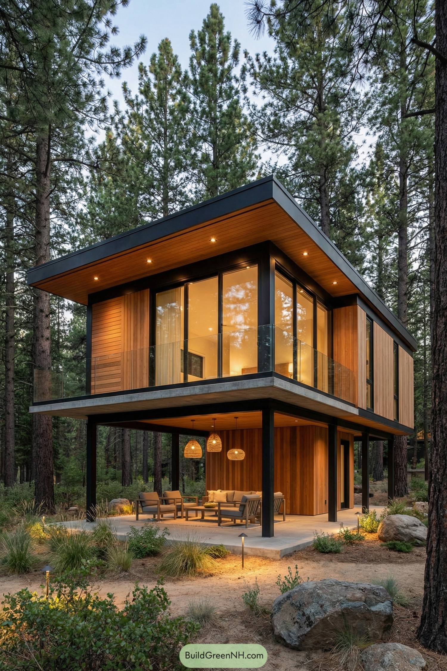Modern two-story wood and glass cabin elevated on slim black supports above an open outdoor lounge in a pine forest