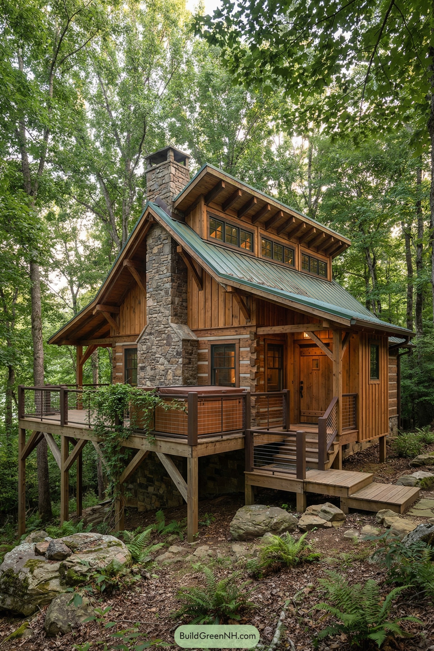 Rustic wood and stone cabin on stilts in a dense green forest