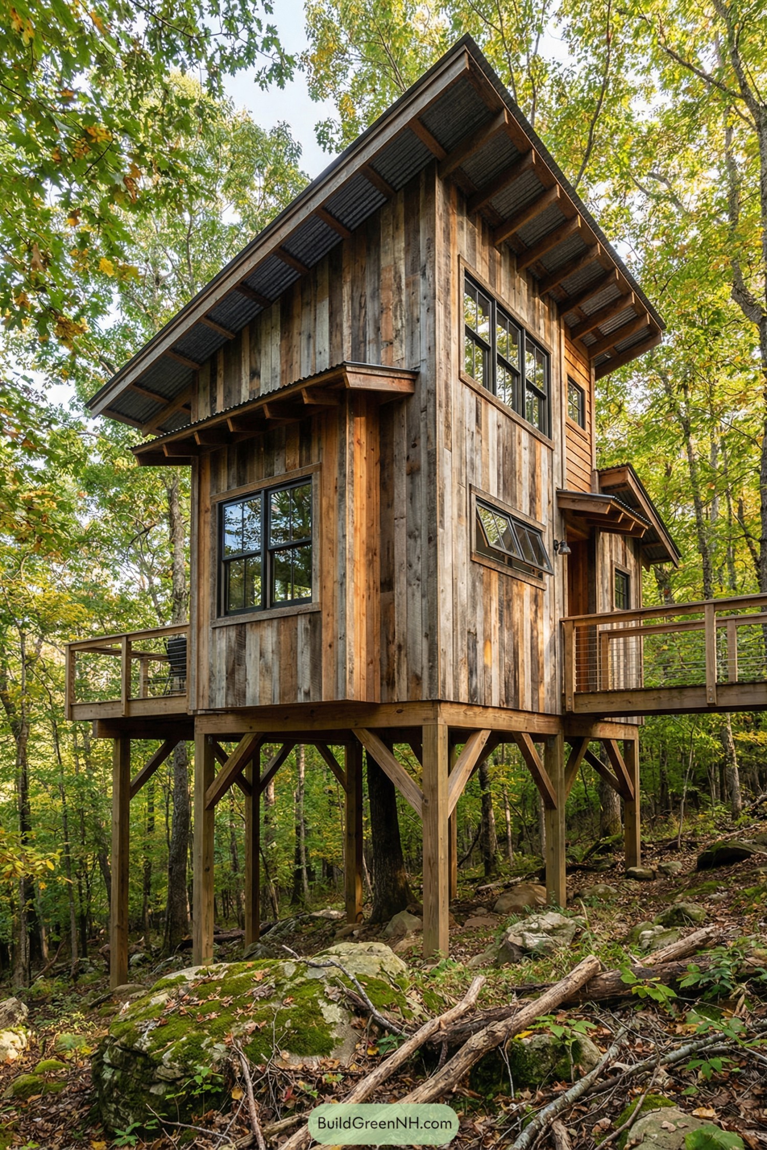 Tall rustic wooden stilt cabin amid trees