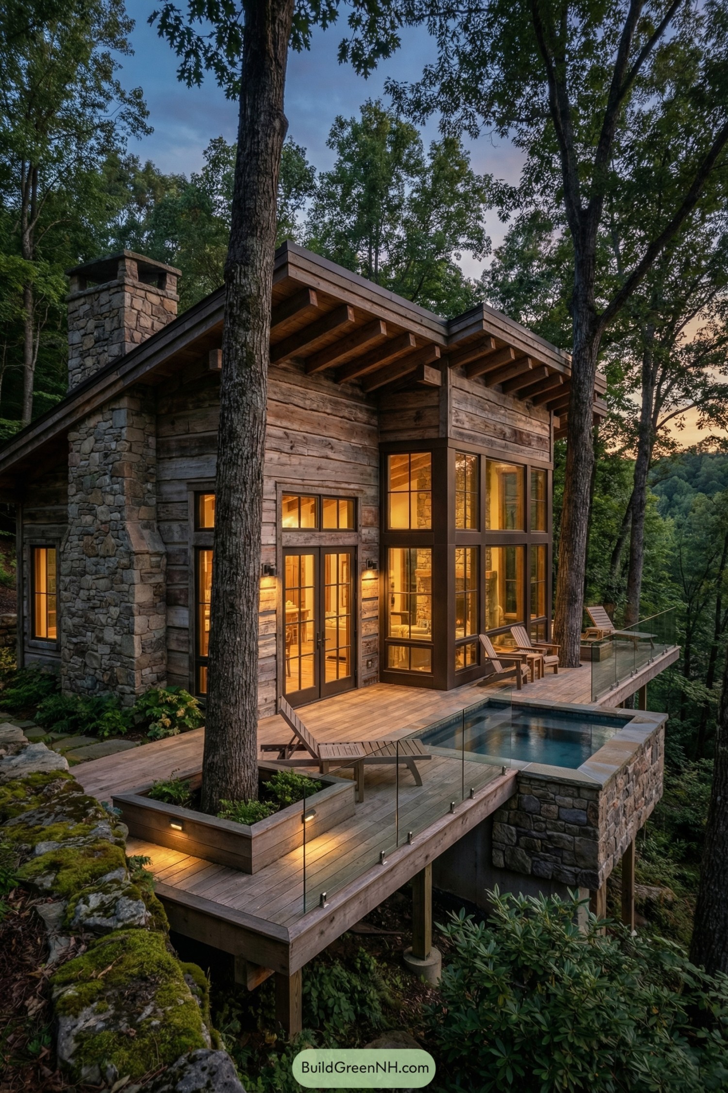 Warm timber-and-stone cabin with cantilevered deck and small pool tucked into a forested slope at dusk